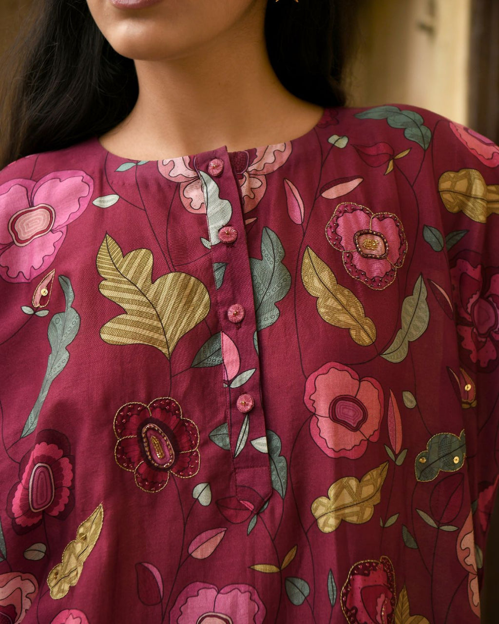 Red Kaftan With Pant by Taro with Beads, Best Selling, Chanderi Silk, Digital Print, Enchanted Garden by Taro, Evening Wear, Festive Wear, Handcrafted buttons, Indian Wear, July Sale, July Sale 2023, Kurta Pant Sets, Natural, Natural with azo free dyes, Red, Relaxed Fit, Sequin Work, Womenswear at Kamakhyaa for sustainable fashion