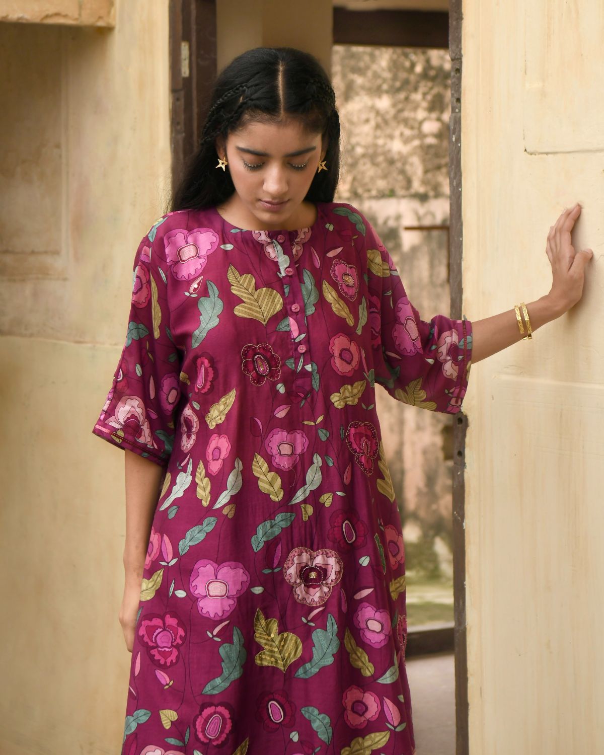 Red Kaftan With Pant by Taro with Beads, Best Selling, Chanderi Silk, Digital Print, Enchanted Garden by Taro, Evening Wear, Festive Wear, Handcrafted buttons, Indian Wear, July Sale, July Sale 2023, Kurta Pant Sets, Natural, Natural with azo free dyes, Red, Relaxed Fit, Sequin Work, Womenswear at Kamakhyaa for sustainable fashion