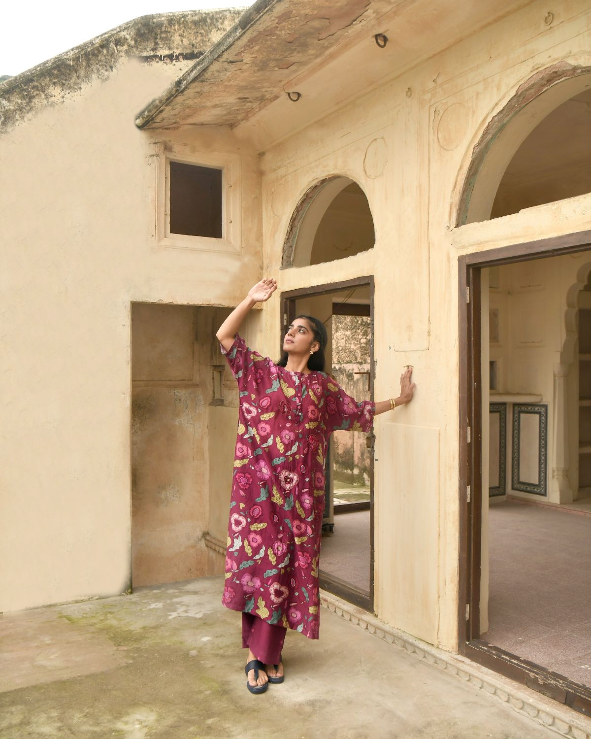 Red Kaftan With Pant by Taro with Beads, Best Selling, Chanderi Silk, Digital Print, Enchanted Garden by Taro, Evening Wear, Festive Wear, Handcrafted buttons, Indian Wear, July Sale, July Sale 2023, Kurta Pant Sets, Natural, Natural with azo free dyes, Red, Relaxed Fit, Sequin Work, Womenswear at Kamakhyaa for sustainable fashion