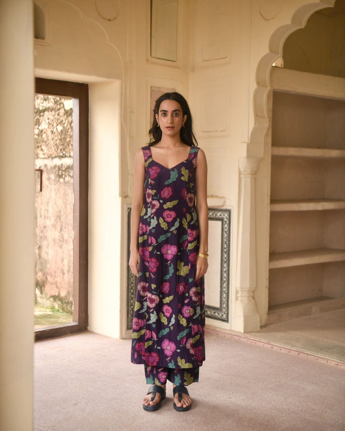 Purple Chanderi Silk Kurta Set by Taro with Casual Wear, Chanderi Silk, Chiffon, Digital Print, Enchanted Garden by Taro, Evening Wear, Indian Wear, July Sale, July Sale 2023, Kurta Pant Sets, Kurta Set With Dupatta, Natural, Natural with azo free dyes, Purple, Relaxed Fit, Womenswear at Kamakhyaa for sustainable fashion
