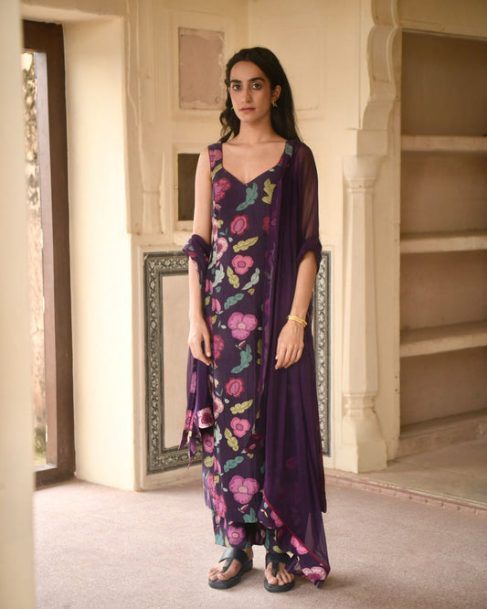 Purple Chanderi Silk Kurta Set by Taro with Casual Wear, Chanderi Silk, Chiffon, Digital Print, Enchanted Garden by Taro, Evening Wear, Indian Wear, July Sale, July Sale 2023, Kurta Pant Sets, Kurta Set With Dupatta, Natural, Natural with azo free dyes, Purple, Relaxed Fit, Womenswear at Kamakhyaa for sustainable fashion