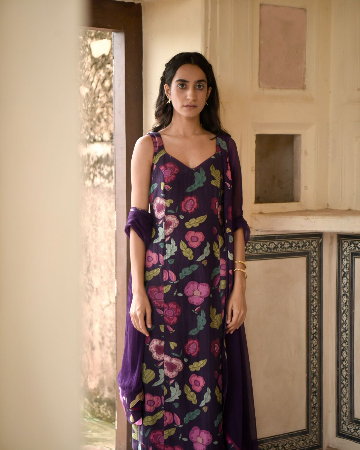 Purple Chanderi Silk Kurta Set by Taro with Casual Wear, Chanderi Silk, Chiffon, Digital Print, Enchanted Garden by Taro, Evening Wear, Indian Wear, July Sale, July Sale 2023, Kurta Pant Sets, Kurta Set With Dupatta, Natural, Natural with azo free dyes, Purple, Relaxed Fit, Womenswear at Kamakhyaa for sustainable fashion