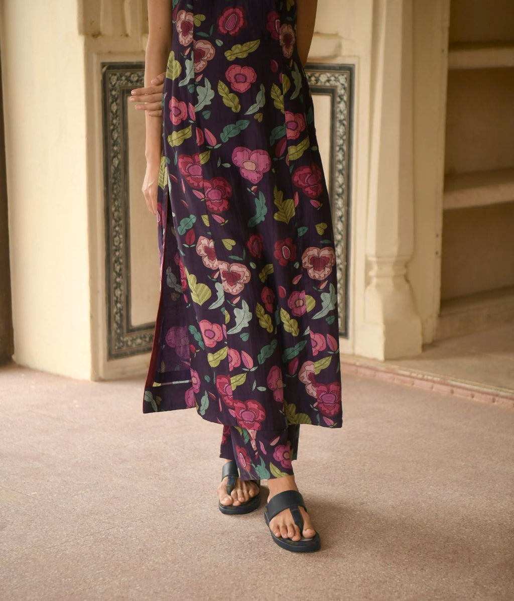 Purple Chanderi Silk Kurta Set by Taro with Casual Wear, Chanderi Silk, Chiffon, Digital Print, Enchanted Garden by Taro, Evening Wear, Indian Wear, July Sale, July Sale 2023, Kurta Pant Sets, Kurta Set With Dupatta, Natural, Natural with azo free dyes, Purple, Relaxed Fit, Womenswear at Kamakhyaa for sustainable fashion