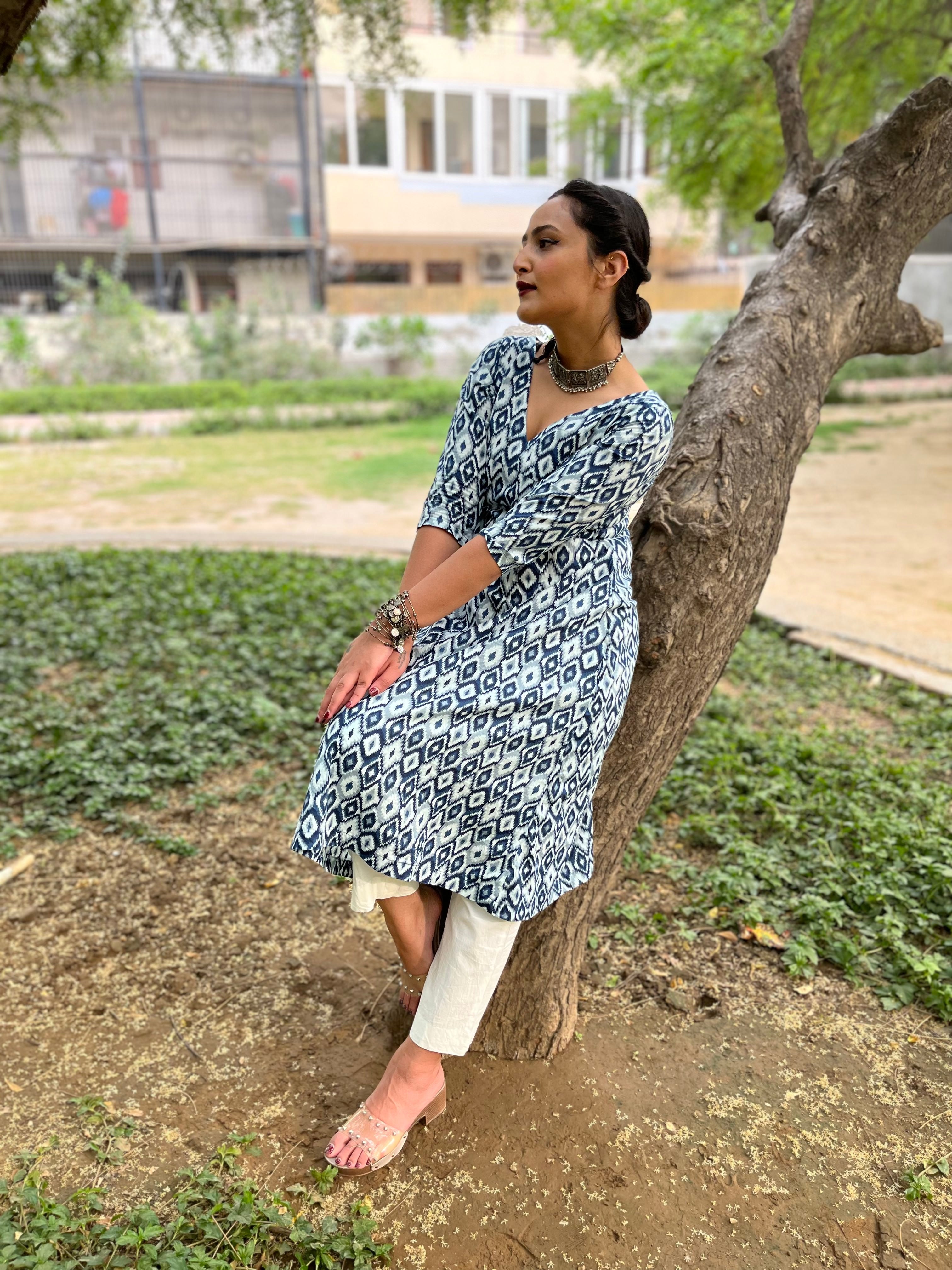 V-Neck Kurta Pant Set by Indian Wear with 100% pure cotton, Blue, Casual Wear, Complete Sets, Indian Wear, KKYSS, Kurta Pant Sets, Natural, Prints, Regular Fit, Summer Sutra, Womenswear at Kamakhyaa for sustainable fashion