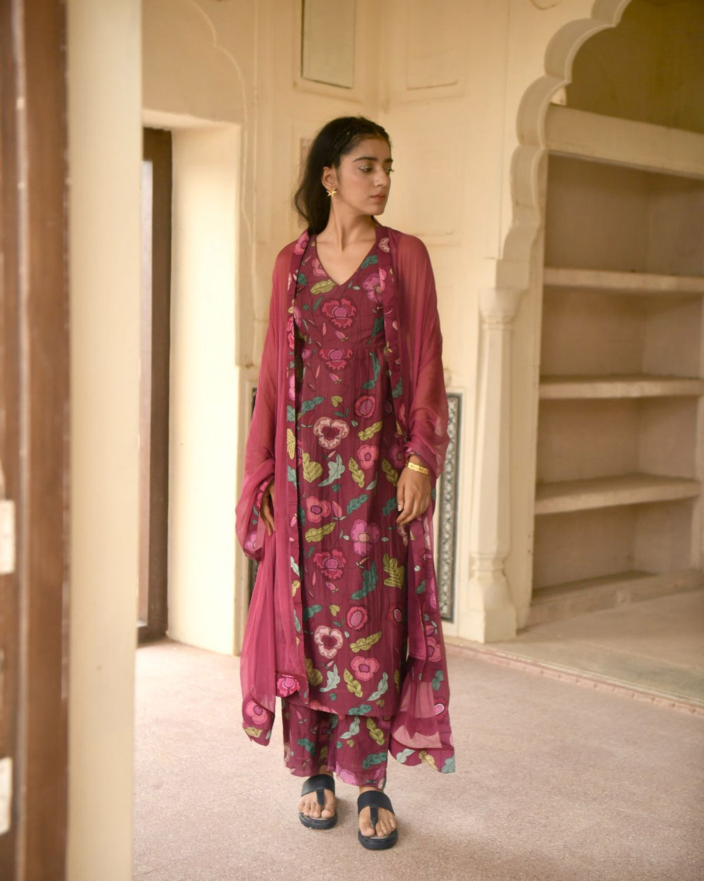 Red Kurta Set With Chiffon Dupatta by Taro with Casual Wear, Chanderi Silk, Chiffon, Digital Print, Enchanted Garden by Taro, Evening Wear, Indian Wear, July Sale, July Sale 2023, Kurta Pant Sets, Kurta Set With Dupatta, Natural, Natural with azo free dyes, Red, Relaxed Fit, Womenswear at Kamakhyaa for sustainable fashion
