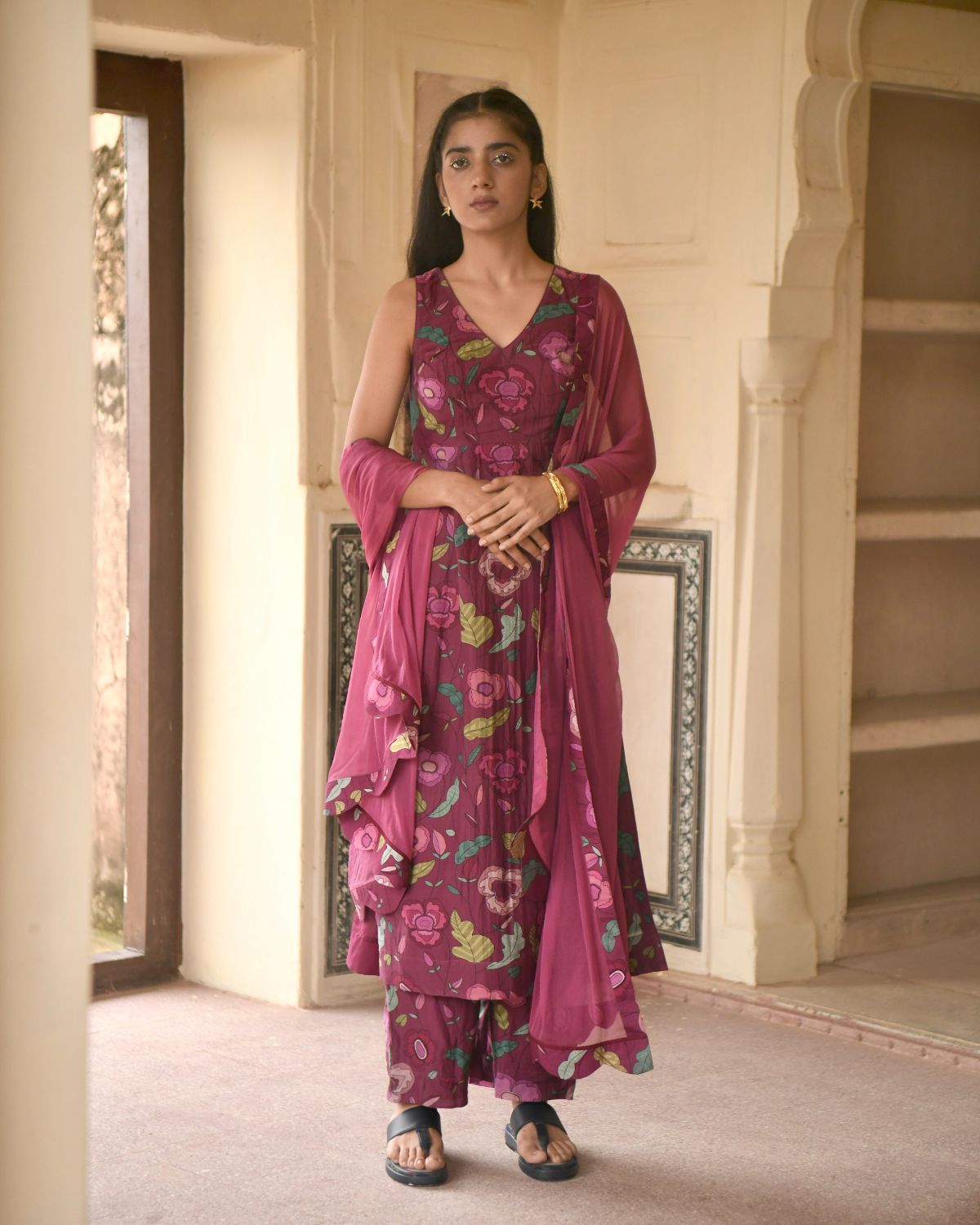 Red Kurta Set With Chiffon Dupatta by Taro with Casual Wear, Chanderi Silk, Chiffon, Digital Print, Enchanted Garden by Taro, Evening Wear, Indian Wear, July Sale, July Sale 2023, Kurta Pant Sets, Kurta Set With Dupatta, Natural, Natural with azo free dyes, Red, Relaxed Fit, Womenswear at Kamakhyaa for sustainable fashion