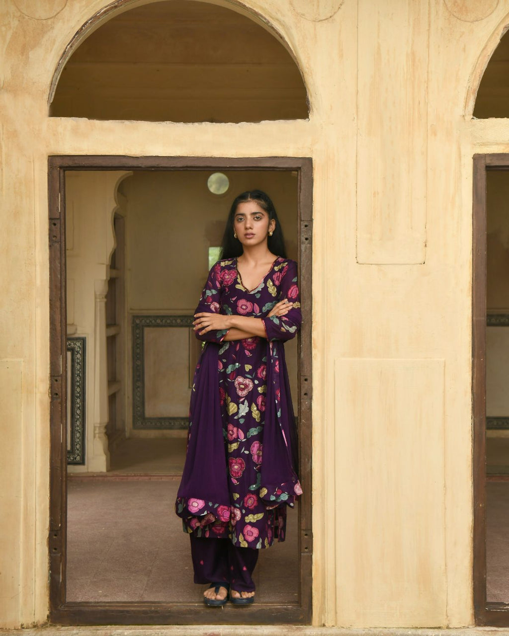 Purple Chanderi Silk Kurta Set With Chiffon Dupatta by Taro with Beads work, Chanderi Silk, Chiffon, Digital Print, Enchanted Garden by Taro, Evening Wear, Festive Wear, Indian Wear, July Sale, July Sale 2023, Kurta Pant Sets, Kurta Set With Dupatta, Natural, Natural with azo free dyes, Purple, Relaxed Fit, Sequin Work, Womenswear at Kamakhyaa for sustainable fashion
