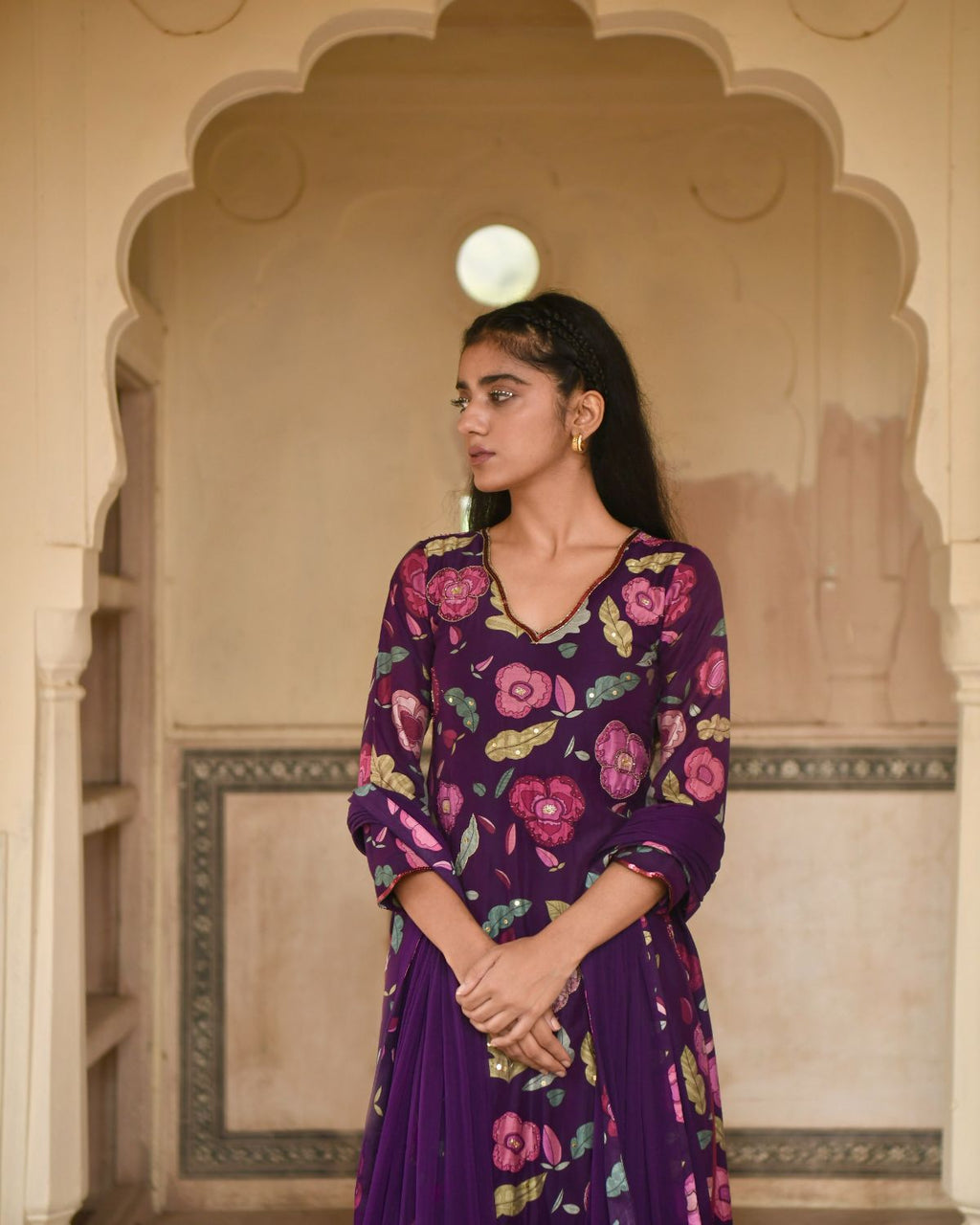 Purple Chanderi Silk Kurta Set With Chiffon Dupatta by Taro with Beads work, Chanderi Silk, Chiffon, Digital Print, Enchanted Garden by Taro, Evening Wear, Festive Wear, Indian Wear, July Sale, July Sale 2023, Kurta Pant Sets, Kurta Set With Dupatta, Natural, Natural with azo free dyes, Purple, Relaxed Fit, Sequin Work, Womenswear at Kamakhyaa for sustainable fashion