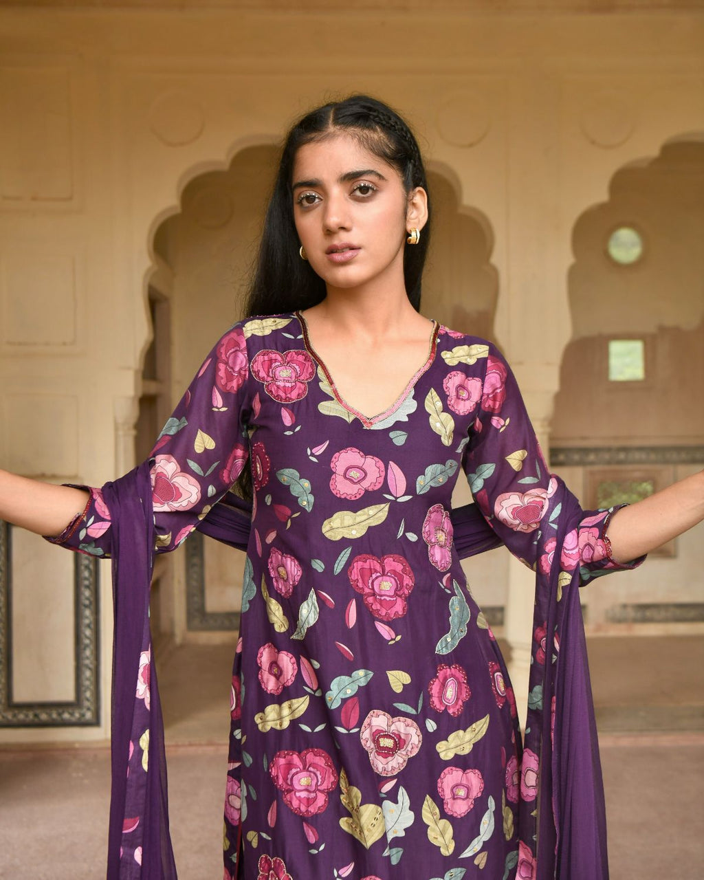 Purple Chanderi Silk Kurta Set With Chiffon Dupatta by Taro with Beads work, Chanderi Silk, Chiffon, Digital Print, Enchanted Garden by Taro, Evening Wear, Festive Wear, Indian Wear, July Sale, July Sale 2023, Kurta Pant Sets, Kurta Set With Dupatta, Natural, Natural with azo free dyes, Purple, Relaxed Fit, Sequin Work, Womenswear at Kamakhyaa for sustainable fashion