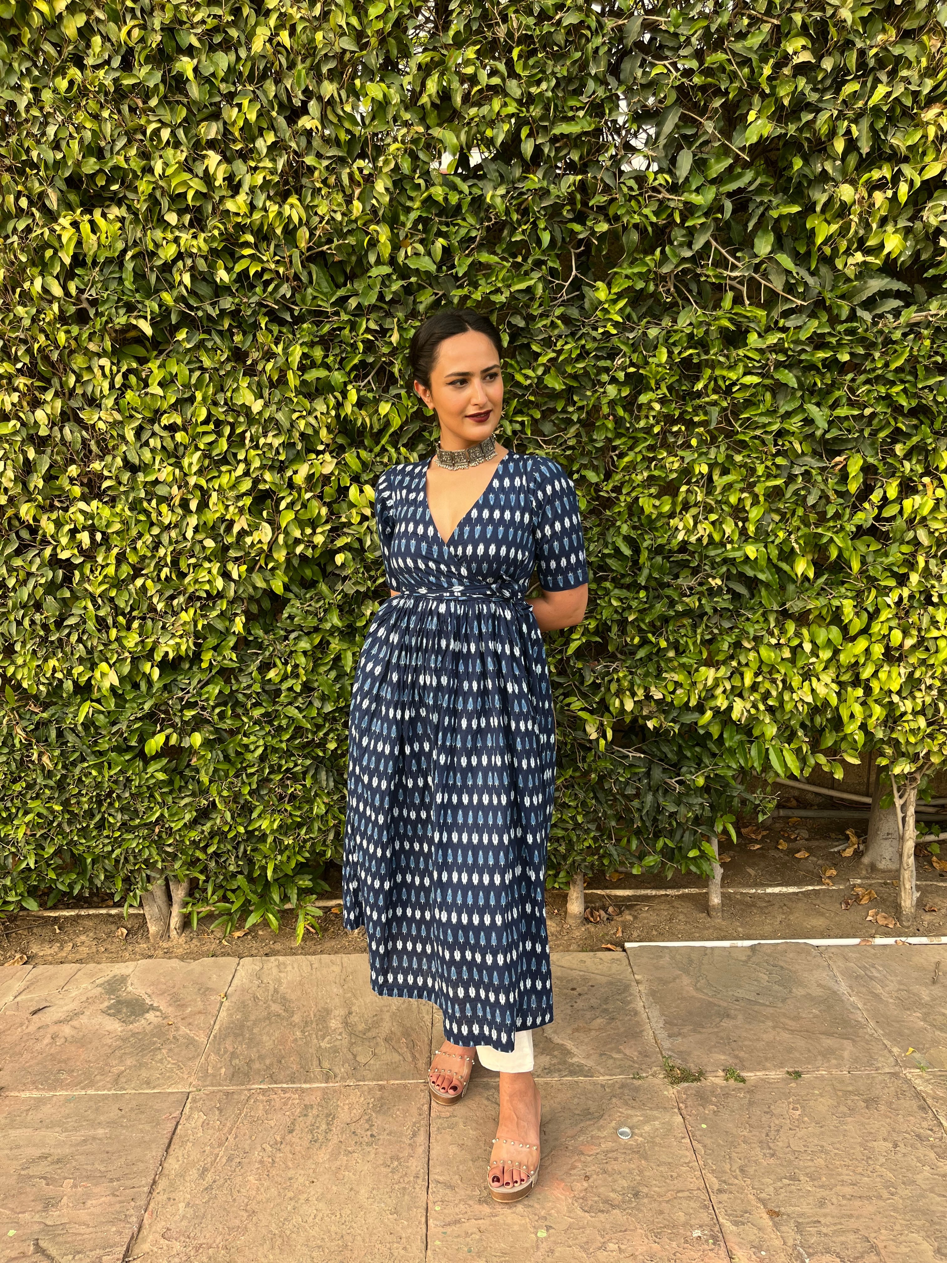 Blue Angrakha With Solid White Pants by Indian Wear with 100% pure cotton, Blue, Festive Wear, Indian Wear, KKYSS, Kurta Pant Sets, Natural, Prints, Regular Fit, Summer Sutra, Womenswear at Kamakhyaa for sustainable fashion