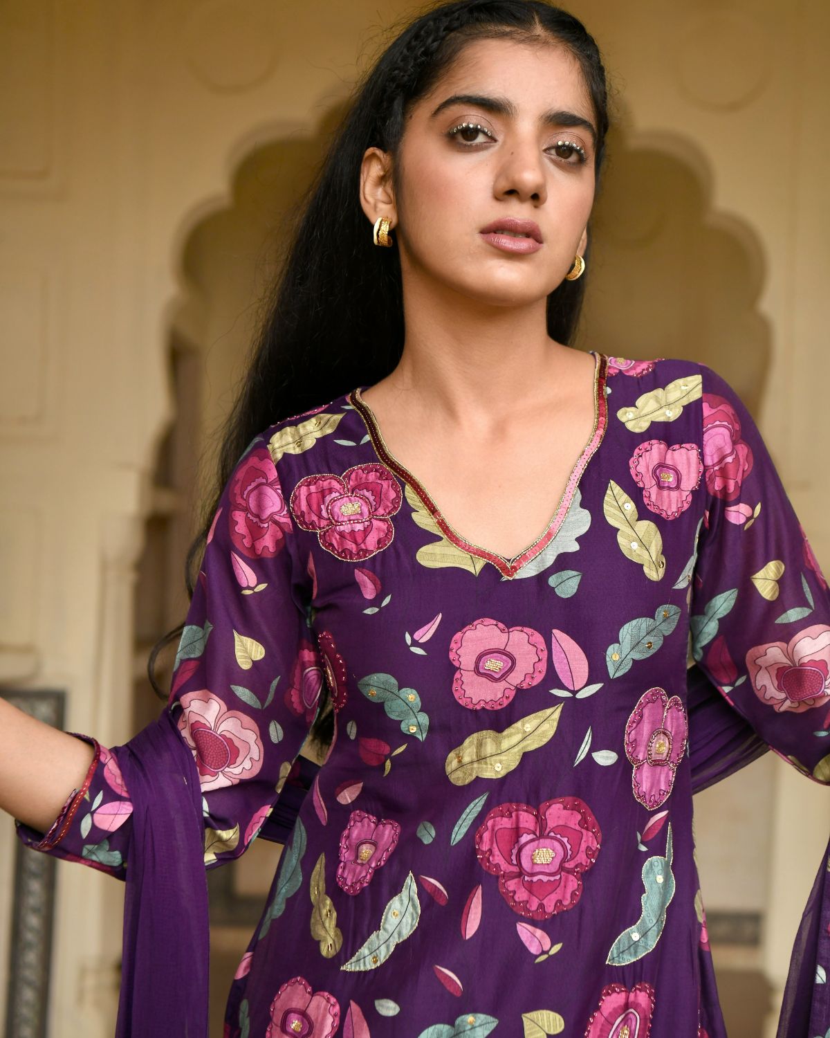 Purple Chanderi Silk Kurta Set With Chiffon Dupatta by Taro with Beads work, Chanderi Silk, Chiffon, Digital Print, Enchanted Garden by Taro, Evening Wear, Festive Wear, Indian Wear, July Sale, July Sale 2023, Kurta Pant Sets, Kurta Set With Dupatta, Natural, Natural with azo free dyes, Purple, Relaxed Fit, Sequin Work, Womenswear at Kamakhyaa for sustainable fashion