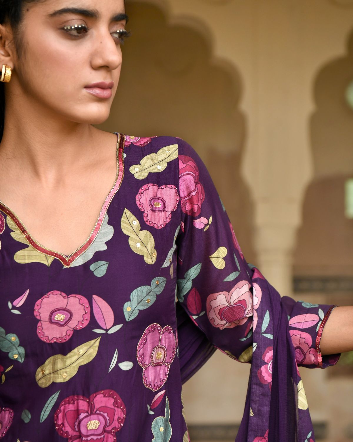 Purple Chanderi Silk Kurta Set With Chiffon Dupatta by Taro with Beads work, Chanderi Silk, Chiffon, Digital Print, Enchanted Garden by Taro, Evening Wear, Festive Wear, Indian Wear, July Sale, July Sale 2023, Kurta Pant Sets, Kurta Set With Dupatta, Natural, Natural with azo free dyes, Purple, Relaxed Fit, Sequin Work, Womenswear at Kamakhyaa for sustainable fashion