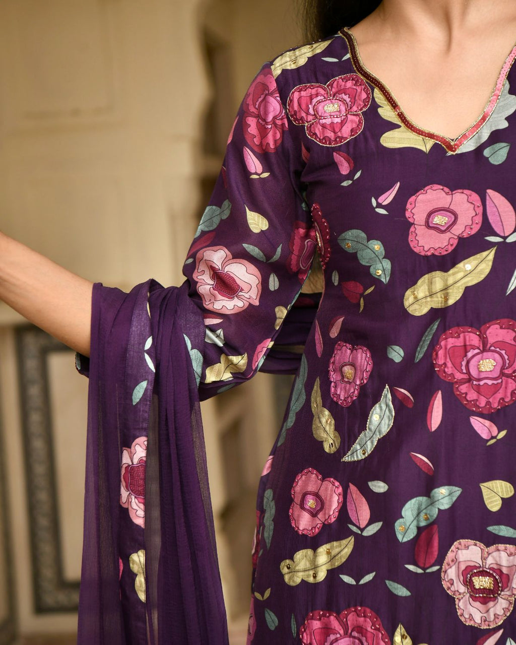 Purple Chanderi Silk Kurta Set With Chiffon Dupatta by Taro with Beads work, Chanderi Silk, Chiffon, Digital Print, Enchanted Garden by Taro, Evening Wear, Festive Wear, Indian Wear, July Sale, July Sale 2023, Kurta Pant Sets, Kurta Set With Dupatta, Natural, Natural with azo free dyes, Purple, Relaxed Fit, Sequin Work, Womenswear at Kamakhyaa for sustainable fashion