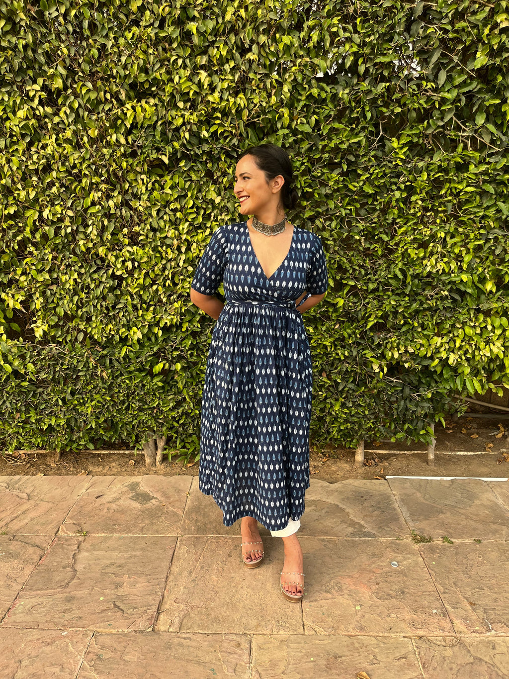 Blue Angrakha With Solid White Pants by Indian Wear with 100% pure cotton, Blue, Festive Wear, Indian Wear, KKYSS, Kurta Pant Sets, Natural, Prints, Regular Fit, Summer Sutra, Womenswear at Kamakhyaa for sustainable fashion