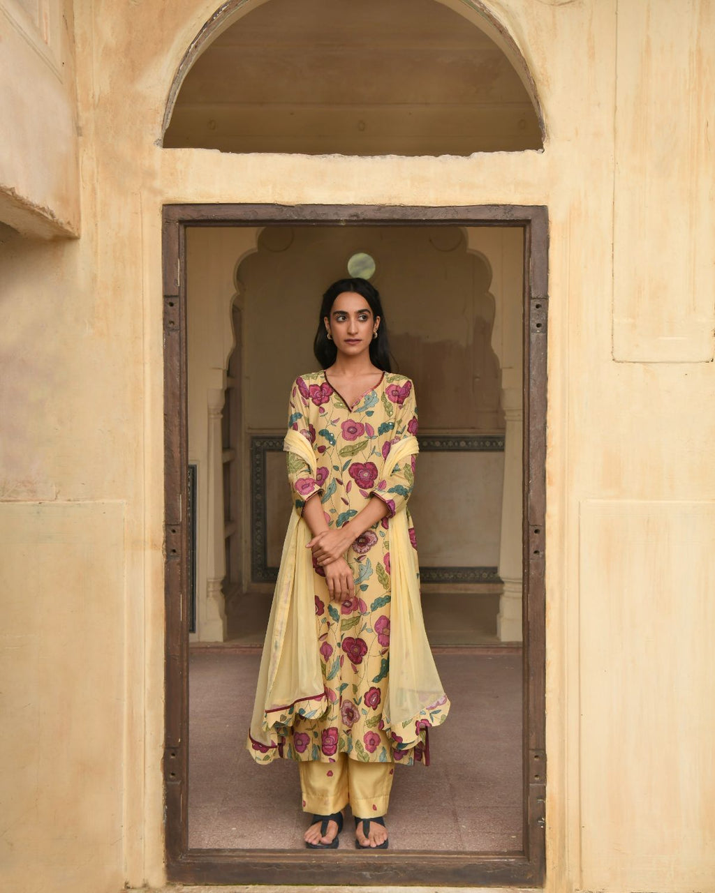 Corn Yellow Chanderi Silk Kurta Set With Dupatta by Taro with Beads work, Chanderi Silk, Chiffon, Digital Print, Enchanted Garden by Taro, Evening Wear, Festive Wear, Indian Wear, July Sale, July Sale 2023, Kurta Pant Sets, Kurta Set With Dupatta, Natural, Natural with azo free dyes, Relaxed Fit, Sequin Work, Womenswear, Yellow at Kamakhyaa for sustainable fashion