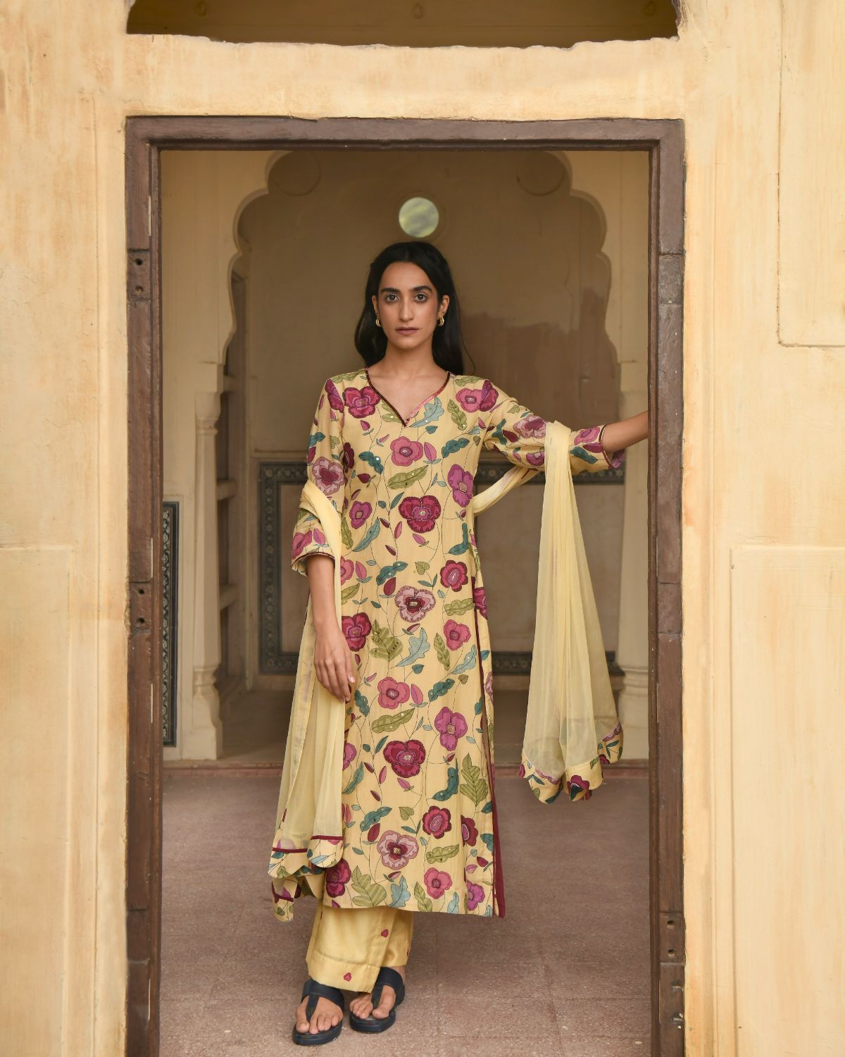 Corn Yellow Chanderi Silk Kurta Set With Dupatta by Taro with Beads work, Chanderi Silk, Chiffon, Digital Print, Enchanted Garden by Taro, Evening Wear, Festive Wear, Indian Wear, July Sale, July Sale 2023, Kurta Pant Sets, Kurta Set With Dupatta, Natural, Natural with azo free dyes, Relaxed Fit, Sequin Work, Womenswear, Yellow at Kamakhyaa for sustainable fashion