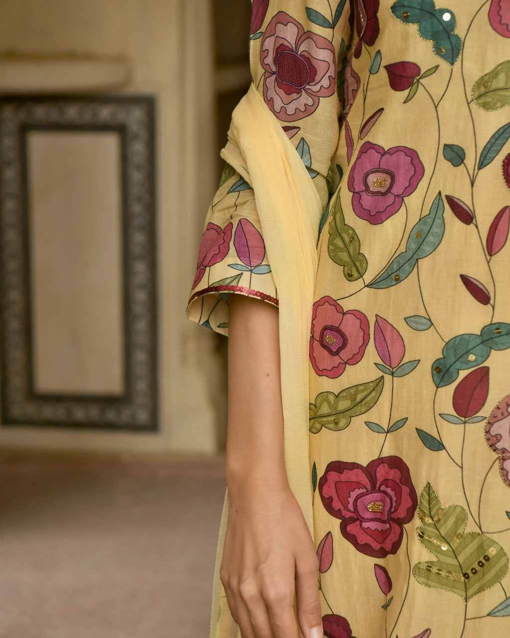 Corn Yellow Chanderi Silk Kurta Set With Dupatta by Taro with Beads work, Chanderi Silk, Chiffon, Digital Print, Enchanted Garden by Taro, Evening Wear, Festive Wear, Indian Wear, July Sale, July Sale 2023, Kurta Pant Sets, Kurta Set With Dupatta, Natural, Natural with azo free dyes, Relaxed Fit, Sequin Work, Womenswear, Yellow at Kamakhyaa for sustainable fashion