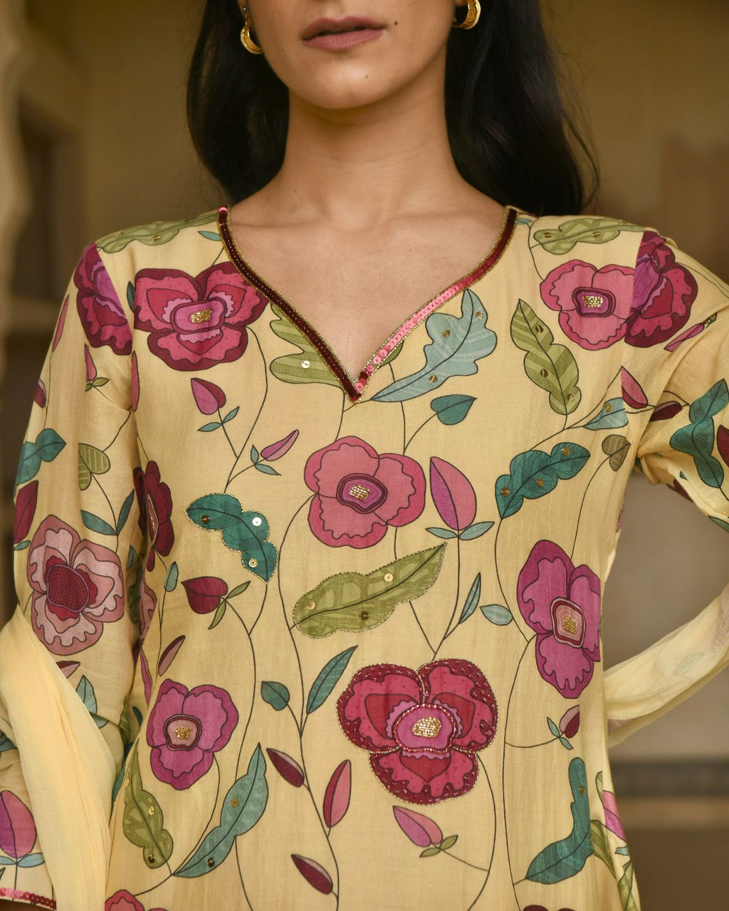 Corn Yellow Chanderi Silk Kurta Set With Dupatta by Taro with Beads work, Chanderi Silk, Chiffon, Digital Print, Enchanted Garden by Taro, Evening Wear, Festive Wear, Indian Wear, July Sale, July Sale 2023, Kurta Pant Sets, Kurta Set With Dupatta, Natural, Natural with azo free dyes, Relaxed Fit, Sequin Work, Womenswear, Yellow at Kamakhyaa for sustainable fashion