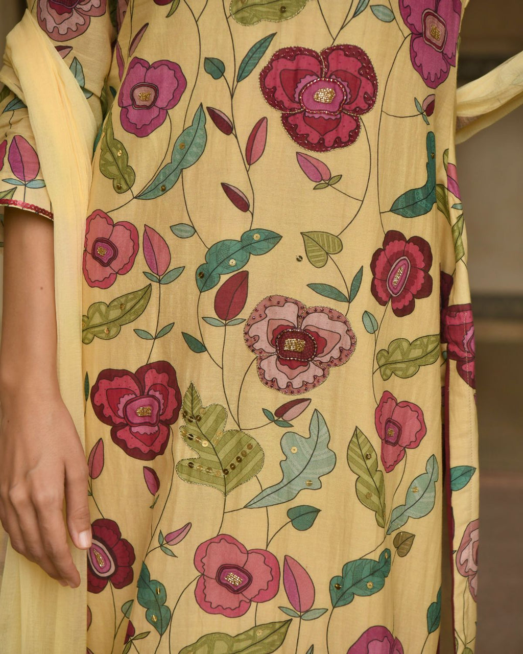 Corn Yellow Chanderi Silk Kurta Set With Dupatta by Taro with Beads work, Chanderi Silk, Chiffon, Digital Print, Enchanted Garden by Taro, Evening Wear, Festive Wear, Indian Wear, July Sale, July Sale 2023, Kurta Pant Sets, Kurta Set With Dupatta, Natural, Natural with azo free dyes, Relaxed Fit, Sequin Work, Womenswear, Yellow at Kamakhyaa for sustainable fashion
