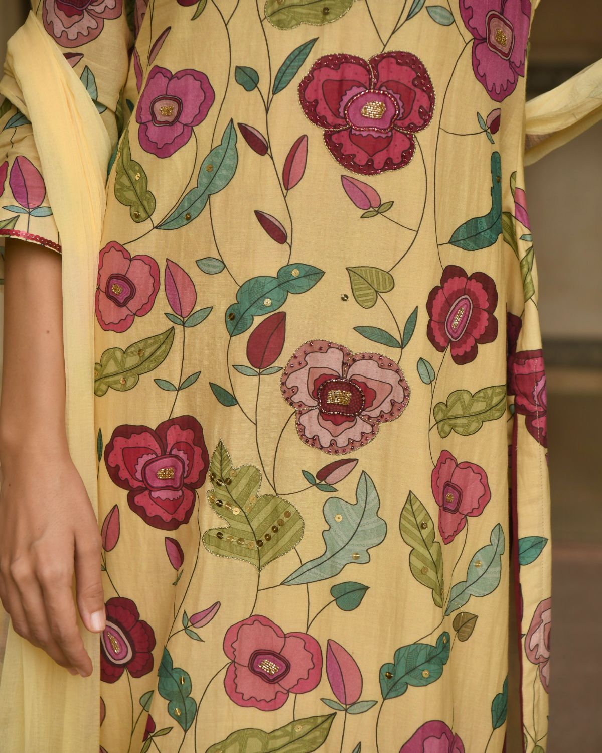 Corn Yellow Chanderi Silk Kurta Set With Dupatta by Taro with Beads work, Chanderi Silk, Chiffon, Digital Print, Enchanted Garden by Taro, Evening Wear, Festive Wear, Indian Wear, July Sale, July Sale 2023, Kurta Pant Sets, Kurta Set With Dupatta, Natural, Natural with azo free dyes, Relaxed Fit, Sequin Work, Womenswear, Yellow at Kamakhyaa for sustainable fashion