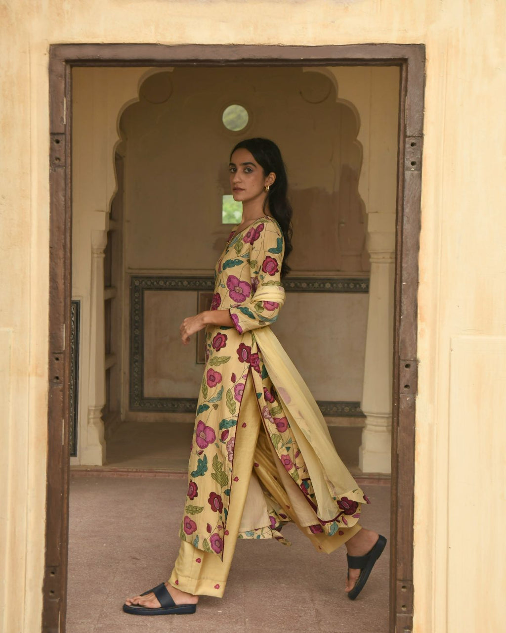 Corn Yellow Chanderi Silk Kurta Set With Dupatta by Taro with Beads work, Chanderi Silk, Chiffon, Digital Print, Enchanted Garden by Taro, Evening Wear, Festive Wear, Indian Wear, July Sale, July Sale 2023, Kurta Pant Sets, Kurta Set With Dupatta, Natural, Natural with azo free dyes, Relaxed Fit, Sequin Work, Womenswear, Yellow at Kamakhyaa for sustainable fashion