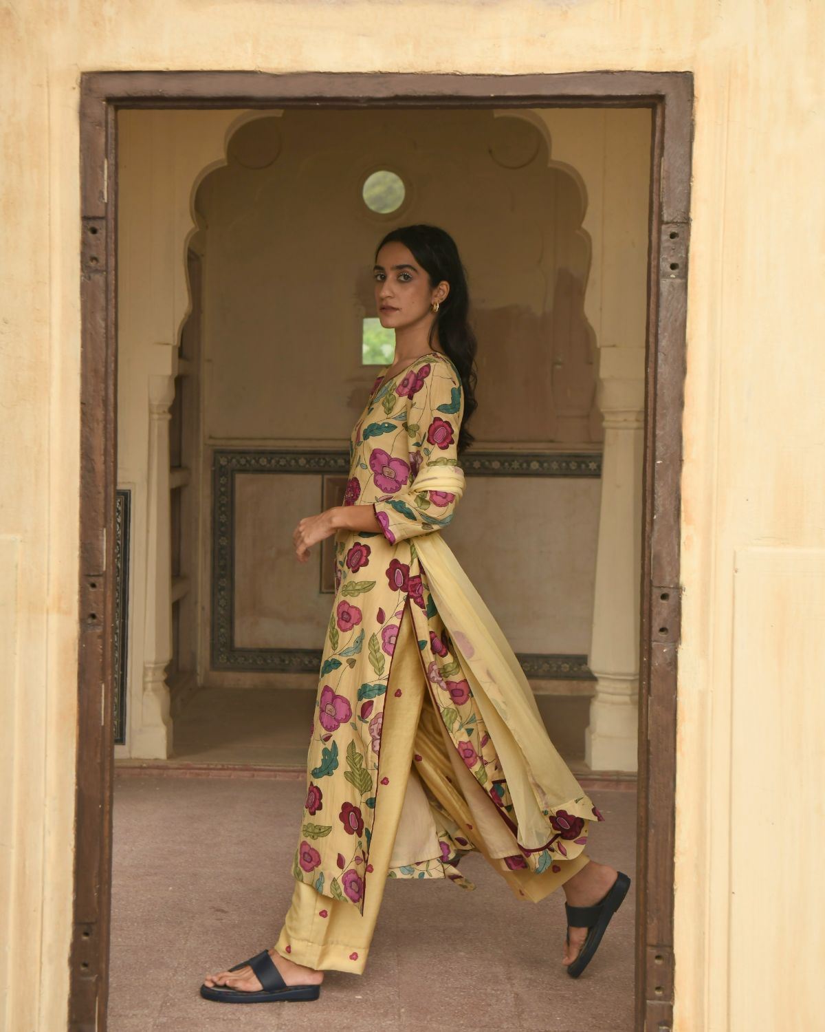 Corn Yellow Chanderi Silk Kurta Set With Dupatta by Taro with Beads work, Chanderi Silk, Chiffon, Digital Print, Enchanted Garden by Taro, Evening Wear, Festive Wear, Indian Wear, July Sale, July Sale 2023, Kurta Pant Sets, Kurta Set With Dupatta, Natural, Natural with azo free dyes, Relaxed Fit, Sequin Work, Womenswear, Yellow at Kamakhyaa for sustainable fashion