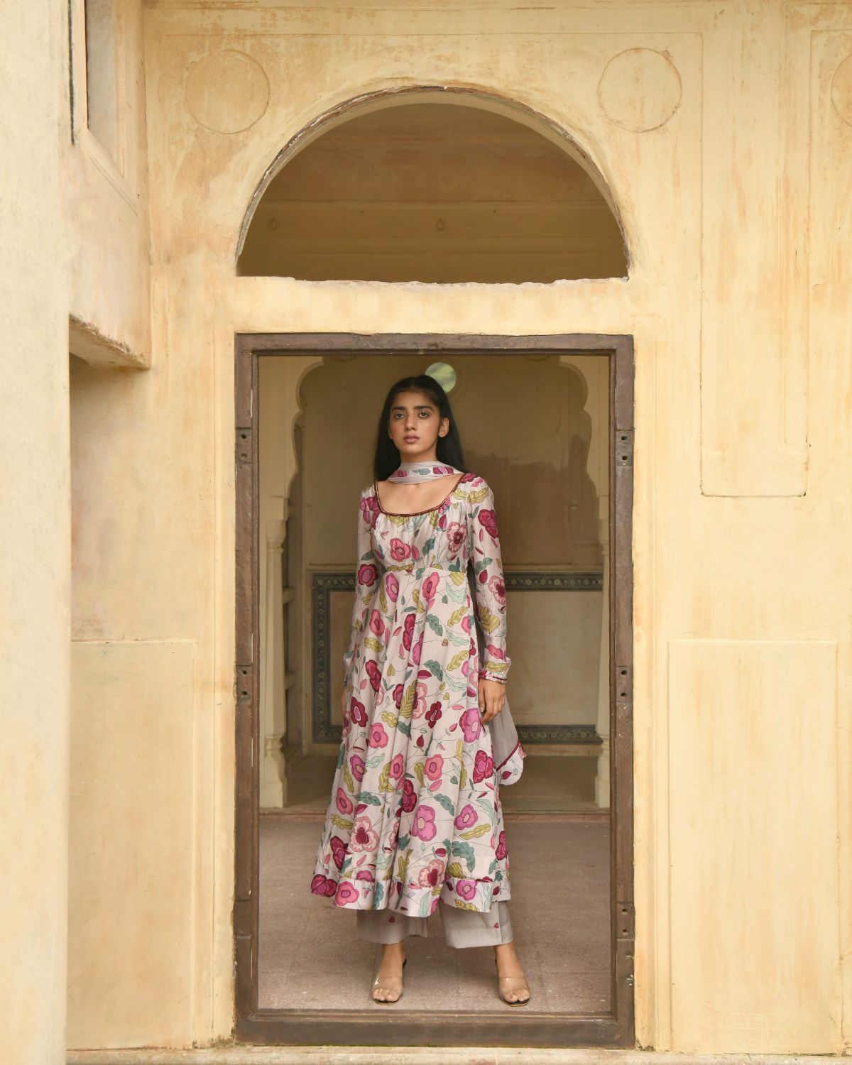 Grey Blooming Garden Kurta Set by Taro with Beads work, Best Selling, Chanderi Silk, Chiffon, Digital Print, Enchanted Garden by Taro, Evening Wear, Festive Wear, Fitted At Waist, Grey, Indian Wear, July Sale, July Sale 2023, Kurta Pant Sets, Kurta Set With Dupatta, Natural, Natural with azo free dyes, Sequin Work, Womenswear at Kamakhyaa for sustainable fashion