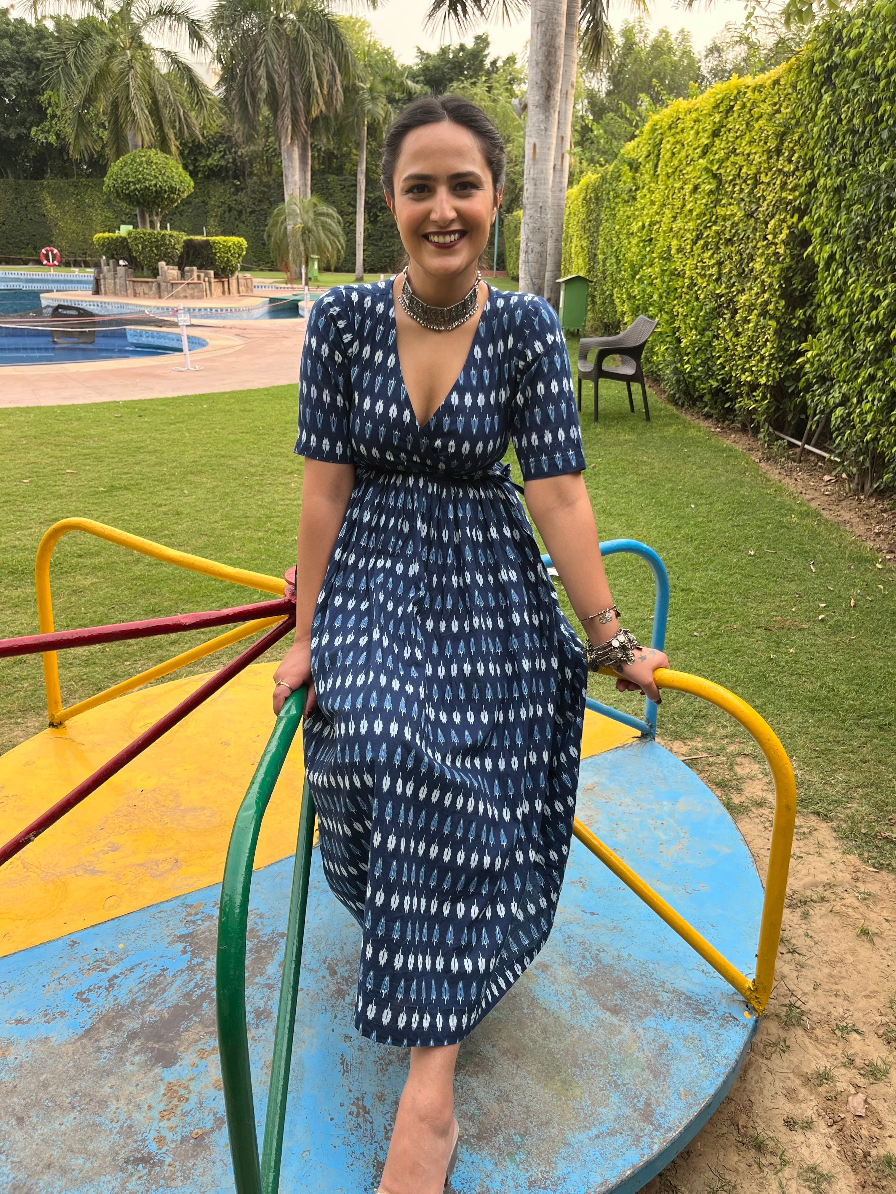 Blue Angrakha With Solid White Pants by Indian Wear with 100% pure cotton, Blue, Festive Wear, Indian Wear, KKYSS, Kurta Pant Sets, Natural, Prints, Regular Fit, Summer Sutra, Womenswear at Kamakhyaa for sustainable fashion