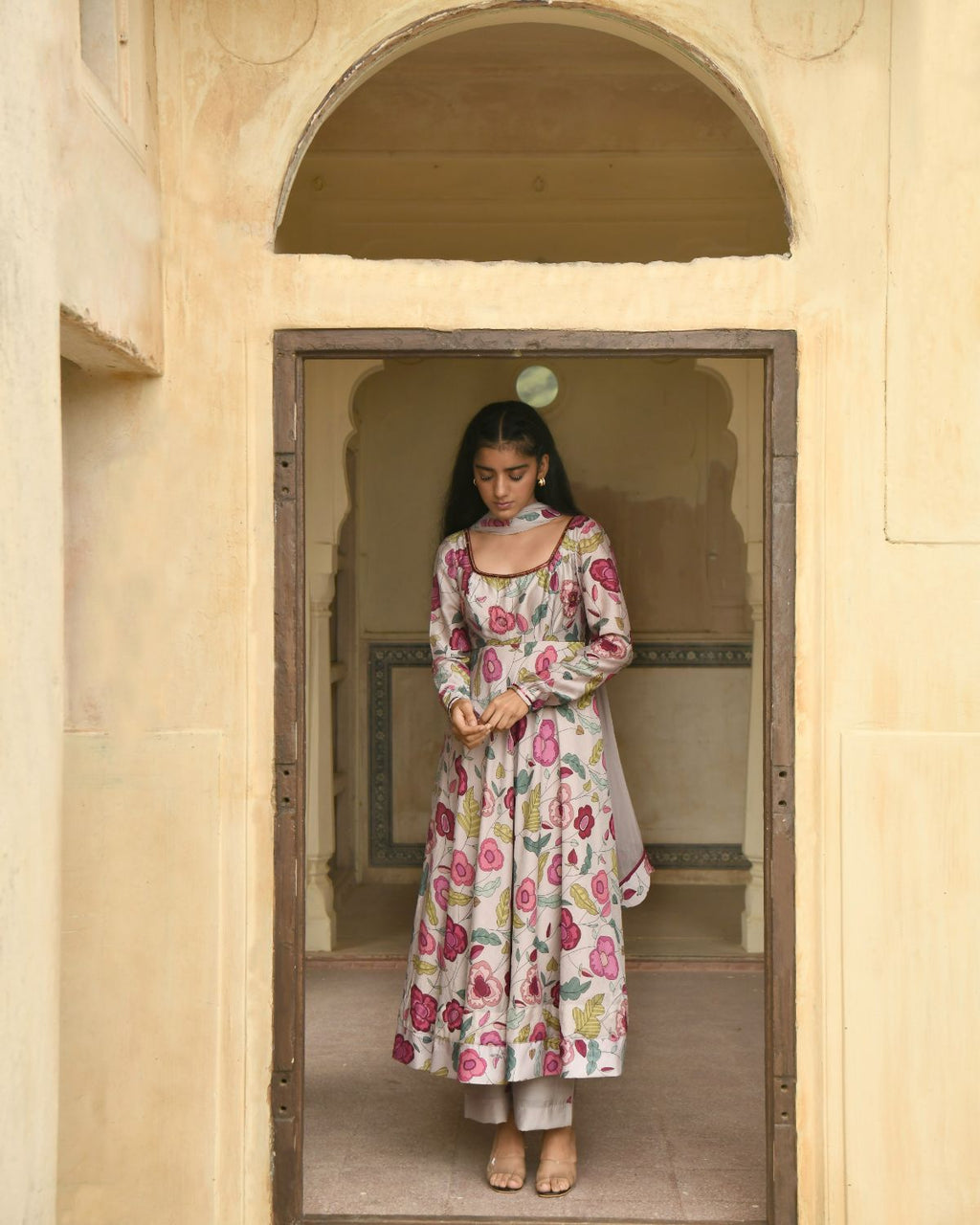 Grey Blooming Garden Kurta Set by Taro with Beads work, Best Selling, Chanderi Silk, Chiffon, Digital Print, Enchanted Garden by Taro, Evening Wear, Festive Wear, Fitted At Waist, Grey, Indian Wear, July Sale, July Sale 2023, Kurta Pant Sets, Kurta Set With Dupatta, Natural, Natural with azo free dyes, Sequin Work, Womenswear at Kamakhyaa for sustainable fashion