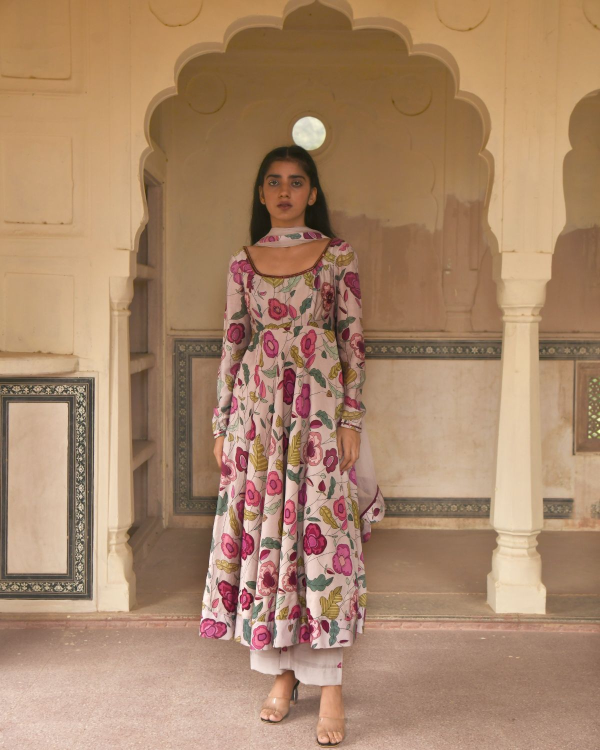 Grey Blooming Garden Kurta Set by Taro with Beads work, Best Selling, Chanderi Silk, Chiffon, Digital Print, Enchanted Garden by Taro, Evening Wear, Festive Wear, Fitted At Waist, Grey, Indian Wear, July Sale, July Sale 2023, Kurta Pant Sets, Kurta Set With Dupatta, Natural, Natural with azo free dyes, Sequin Work, Womenswear at Kamakhyaa for sustainable fashion