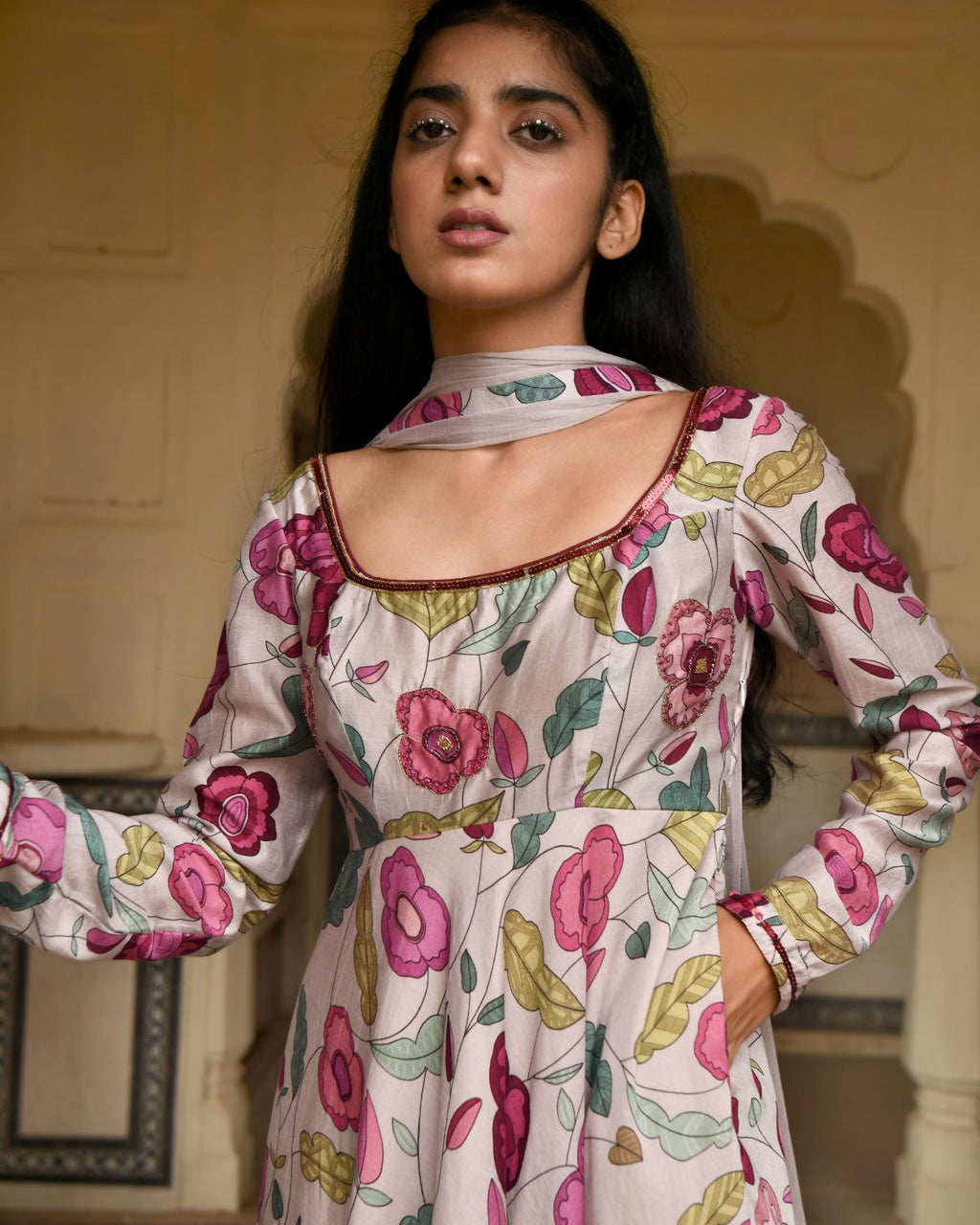 Grey Blooming Garden Kurta Set by Taro with Beads work, Best Selling, Chanderi Silk, Chiffon, Digital Print, Enchanted Garden by Taro, Evening Wear, Festive Wear, Fitted At Waist, Grey, Indian Wear, July Sale, July Sale 2023, Kurta Pant Sets, Kurta Set With Dupatta, Natural, Natural with azo free dyes, Sequin Work, Womenswear at Kamakhyaa for sustainable fashion