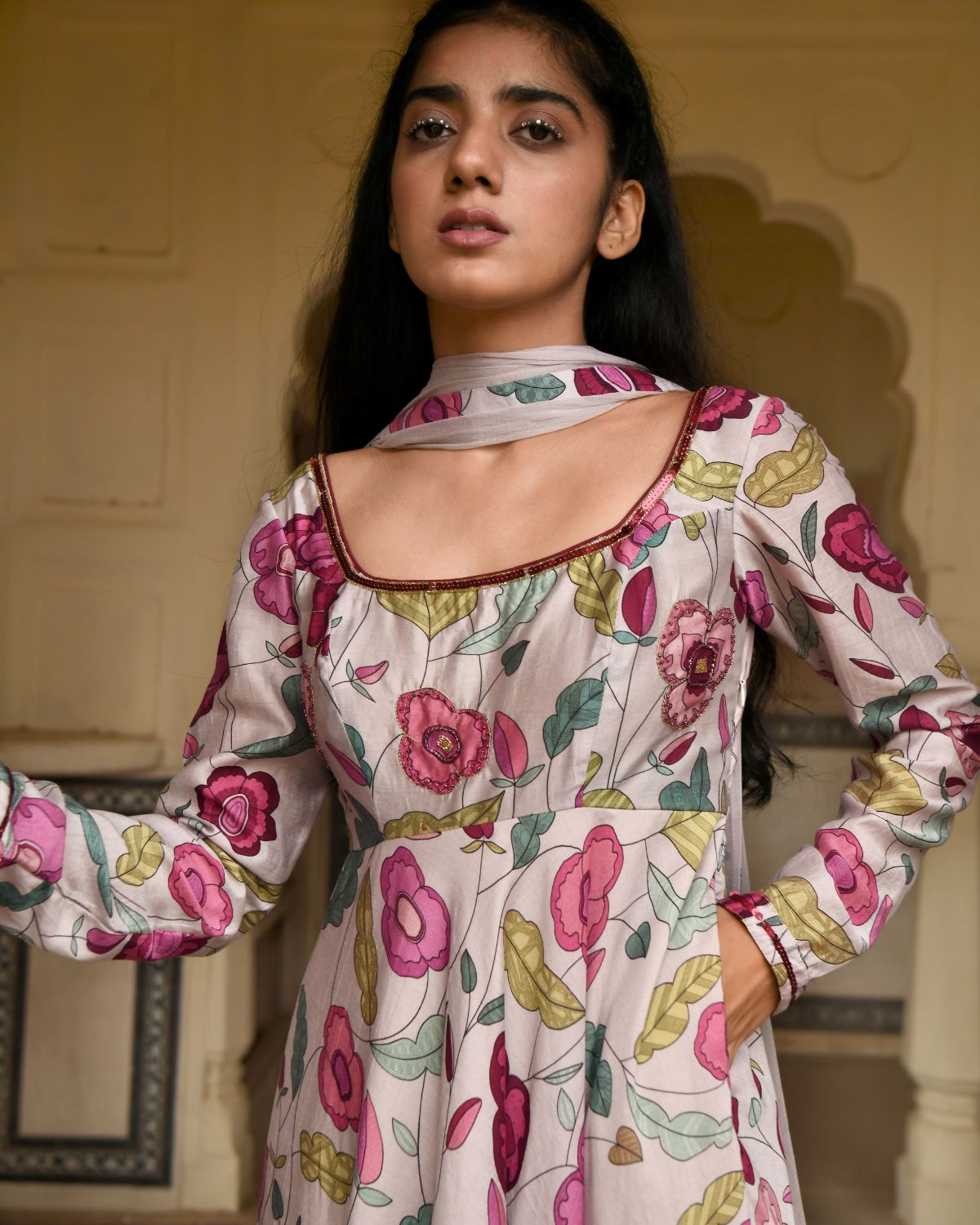 Grey Blooming Garden Kurta Set by Taro with Beads work, Best Selling, Chanderi Silk, Chiffon, Digital Print, Enchanted Garden by Taro, Evening Wear, Festive Wear, Fitted At Waist, Grey, Indian Wear, July Sale, July Sale 2023, Kurta Pant Sets, Kurta Set With Dupatta, Natural, Natural with azo free dyes, Sequin Work, Womenswear at Kamakhyaa for sustainable fashion