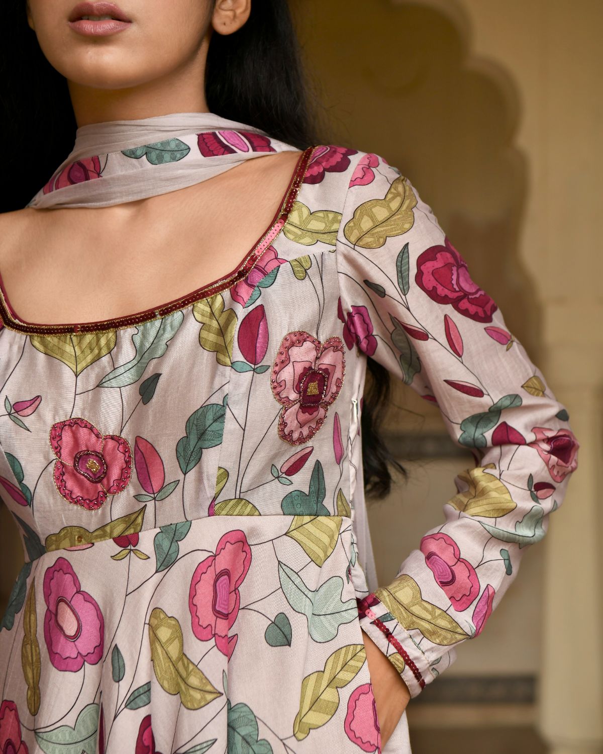 Grey Blooming Garden Kurta Set by Taro with Beads work, Best Selling, Chanderi Silk, Chiffon, Digital Print, Enchanted Garden by Taro, Evening Wear, Festive Wear, Fitted At Waist, Grey, Indian Wear, July Sale, July Sale 2023, Kurta Pant Sets, Kurta Set With Dupatta, Natural, Natural with azo free dyes, Sequin Work, Womenswear at Kamakhyaa for sustainable fashion