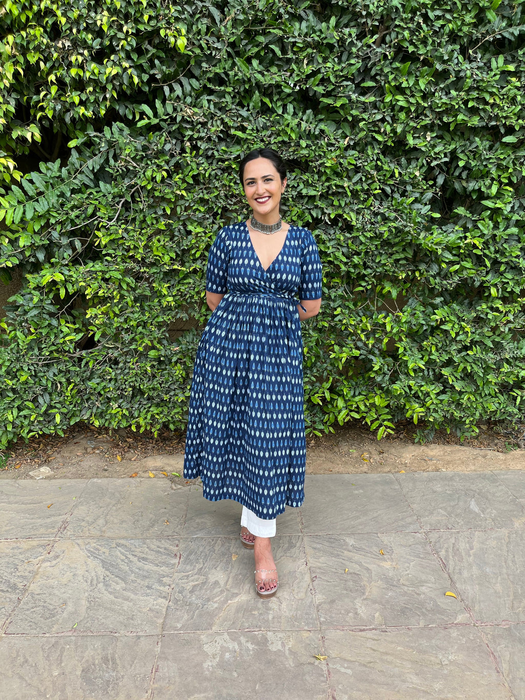 Blue Angrakha With Solid White Pants by Indian Wear with 100% pure cotton, Blue, Festive Wear, Indian Wear, KKYSS, Kurta Pant Sets, Natural, Prints, Regular Fit, Summer Sutra, Womenswear at Kamakhyaa for sustainable fashion