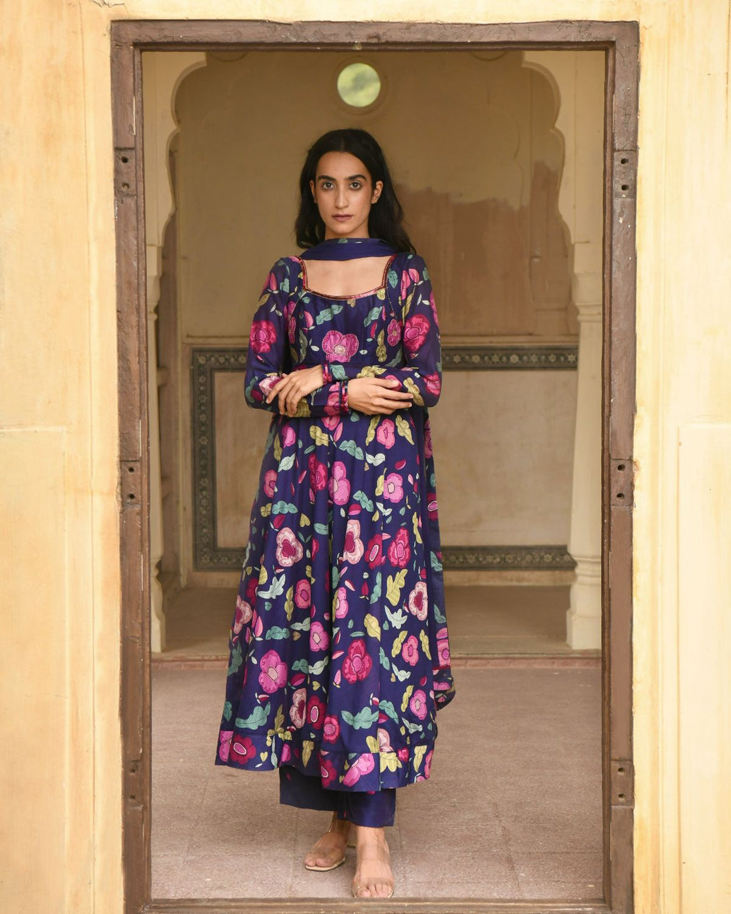 Blue Sequin Work Kurta Set With Dupatta by Taro with Beads work, Best Selling, Blue, Chanderi Silk, Chiffon, Digital Print, Enchanted Garden by Taro, Evening Wear, Festive Wear, Fitted At Waist, Indian Wear, July Sale, July Sale 2023, Kurta Pant Sets, Kurta Set With Dupatta, Natural, Natural with azo free dyes, Sequin Work, Wedding Gifts, Womenswear at Kamakhyaa for sustainable fashion