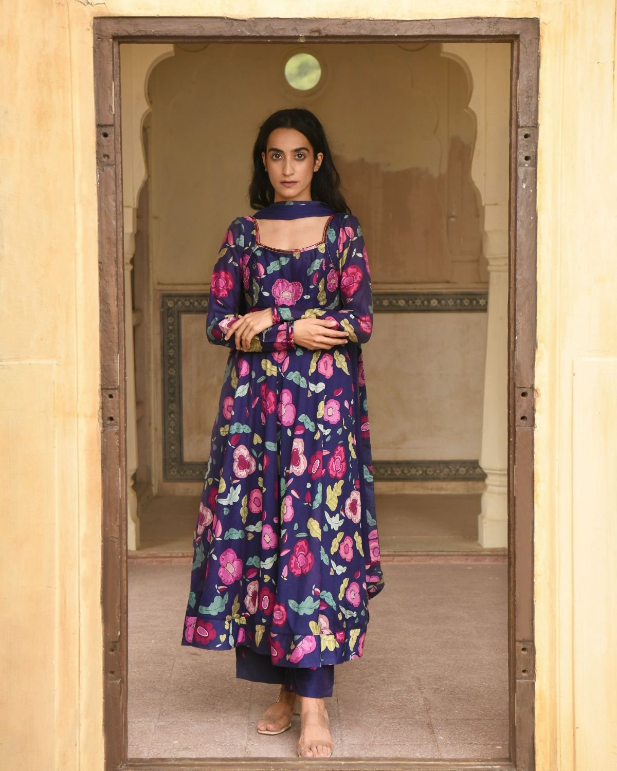 Blue Sequin Work Kurta Set With Dupatta by Taro with Beads work, Best Selling, Blue, Chanderi Silk, Chiffon, Digital Print, Enchanted Garden by Taro, Evening Wear, Festive Wear, Fitted At Waist, Indian Wear, July Sale, July Sale 2023, Kurta Pant Sets, Kurta Set With Dupatta, Natural, Natural with azo free dyes, Sequin Work, Wedding Gifts, Womenswear at Kamakhyaa for sustainable fashion