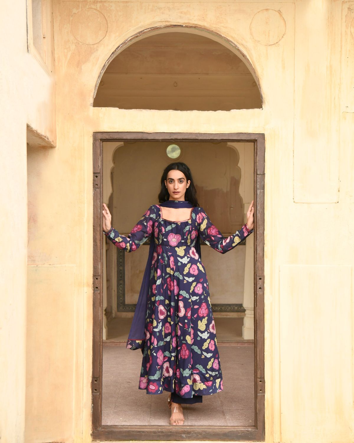 Blue Sequin Work Kurta Set With Dupatta by Taro with Beads work, Best Selling, Blue, Chanderi Silk, Chiffon, Digital Print, Enchanted Garden by Taro, Evening Wear, Festive Wear, Fitted At Waist, Indian Wear, July Sale, July Sale 2023, Kurta Pant Sets, Kurta Set With Dupatta, Natural, Natural with azo free dyes, Sequin Work, Wedding Gifts, Womenswear at Kamakhyaa for sustainable fashion