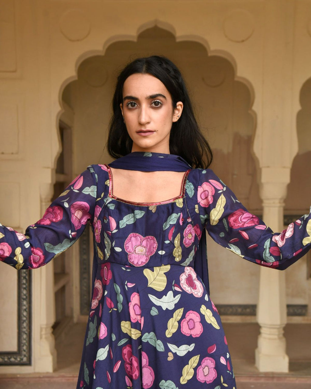 Blue Sequin Work Kurta Set With Dupatta by Taro with Beads work, Best Selling, Blue, Chanderi Silk, Chiffon, Digital Print, Enchanted Garden by Taro, Evening Wear, Festive Wear, Fitted At Waist, Indian Wear, July Sale, July Sale 2023, Kurta Pant Sets, Kurta Set With Dupatta, Natural, Natural with azo free dyes, Sequin Work, Wedding Gifts, Womenswear at Kamakhyaa for sustainable fashion