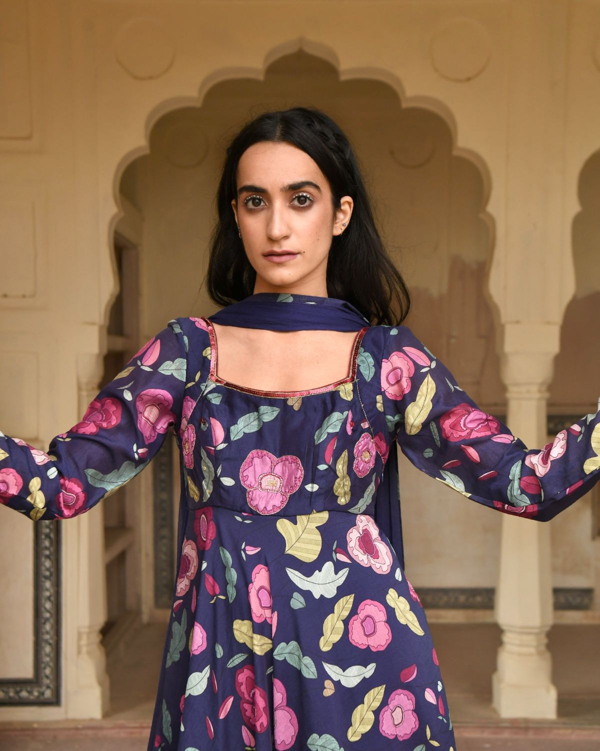 Blue Sequin Work Kurta Set With Dupatta by Taro with Beads work, Best Selling, Blue, Chanderi Silk, Chiffon, Digital Print, Enchanted Garden by Taro, Evening Wear, Festive Wear, Fitted At Waist, Indian Wear, July Sale, July Sale 2023, Kurta Pant Sets, Kurta Set With Dupatta, Natural, Natural with azo free dyes, Sequin Work, Wedding Gifts, Womenswear at Kamakhyaa for sustainable fashion