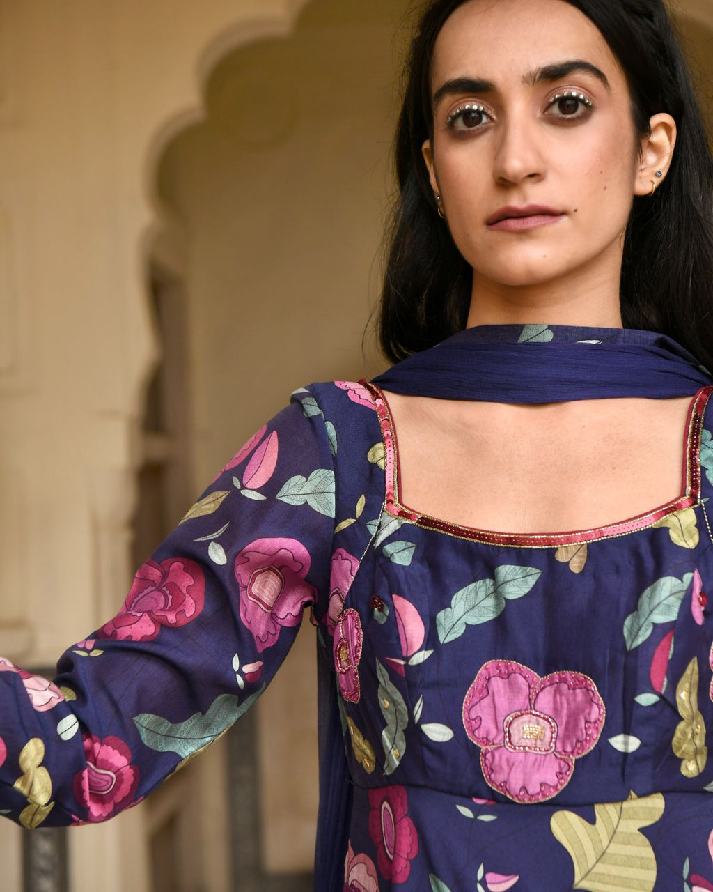 Blue Sequin Work Kurta Set With Dupatta by Taro with Beads work, Best Selling, Blue, Chanderi Silk, Chiffon, Digital Print, Enchanted Garden by Taro, Evening Wear, Festive Wear, Fitted At Waist, Indian Wear, July Sale, July Sale 2023, Kurta Pant Sets, Kurta Set With Dupatta, Natural, Natural with azo free dyes, Sequin Work, Wedding Gifts, Womenswear at Kamakhyaa for sustainable fashion