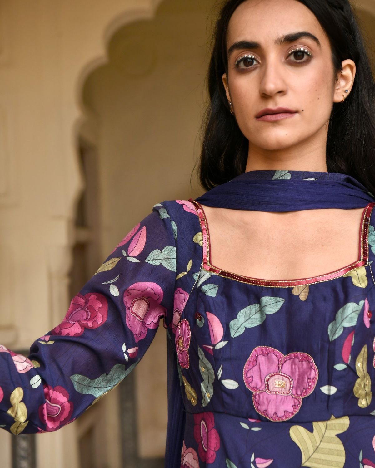 Blue Sequin Work Kurta Set With Dupatta by Taro with Beads work, Best Selling, Blue, Chanderi Silk, Chiffon, Digital Print, Enchanted Garden by Taro, Evening Wear, Festive Wear, Fitted At Waist, Indian Wear, July Sale, July Sale 2023, Kurta Pant Sets, Kurta Set With Dupatta, Natural, Natural with azo free dyes, Sequin Work, Wedding Gifts, Womenswear at Kamakhyaa for sustainable fashion