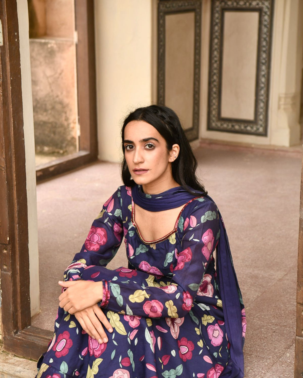 Blue Sequin Work Kurta Set With Dupatta by Taro with Beads work, Best Selling, Blue, Chanderi Silk, Chiffon, Digital Print, Enchanted Garden by Taro, Evening Wear, Festive Wear, Fitted At Waist, Indian Wear, July Sale, July Sale 2023, Kurta Pant Sets, Kurta Set With Dupatta, Natural, Natural with azo free dyes, Sequin Work, Wedding Gifts, Womenswear at Kamakhyaa for sustainable fashion