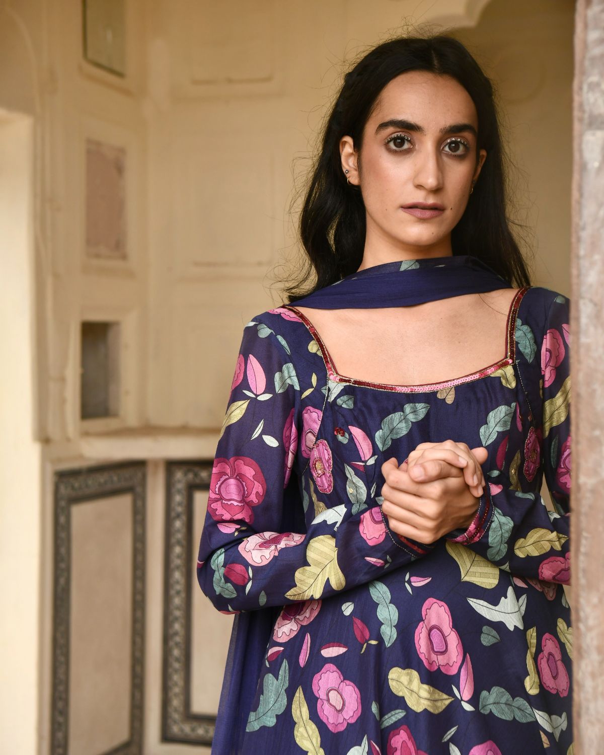 Blue Sequin Work Kurta Set With Dupatta by Taro with Beads work, Best Selling, Blue, Chanderi Silk, Chiffon, Digital Print, Enchanted Garden by Taro, Evening Wear, Festive Wear, Fitted At Waist, Indian Wear, July Sale, July Sale 2023, Kurta Pant Sets, Kurta Set With Dupatta, Natural, Natural with azo free dyes, Sequin Work, Wedding Gifts, Womenswear at Kamakhyaa for sustainable fashion