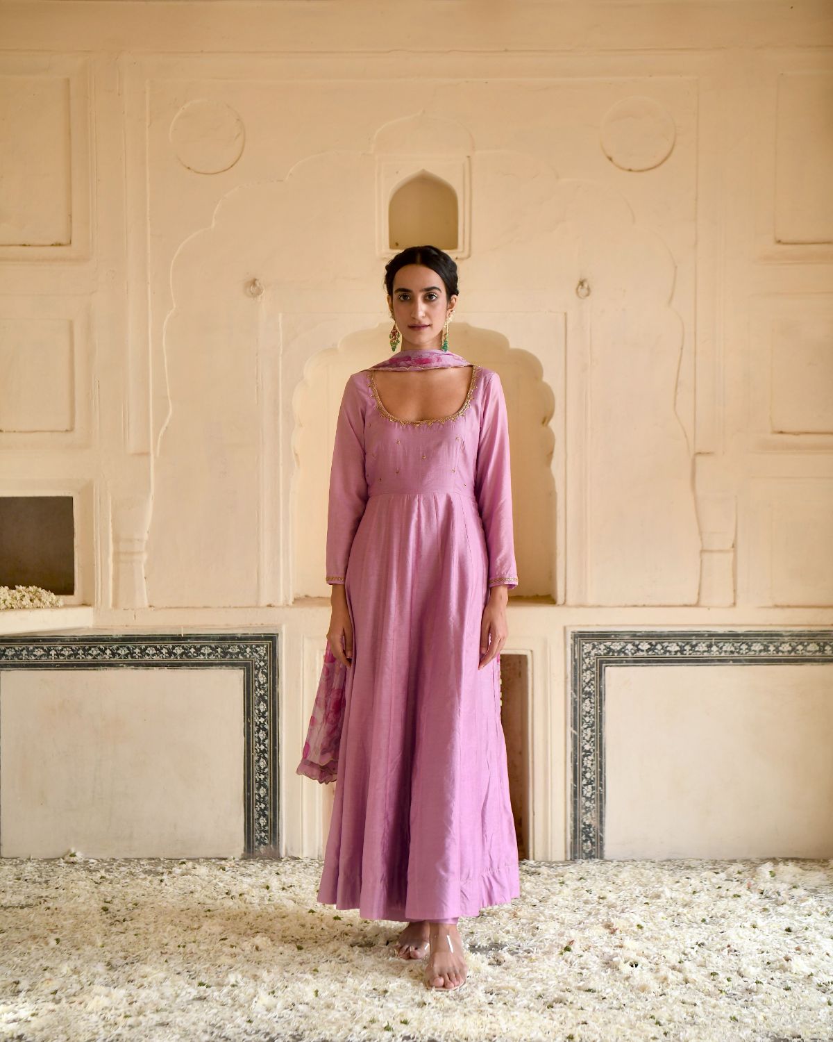 Pink Kurta Set With Dupatta by Taro with Beads work, Best Selling, Chanderi Silk, Chiffon, Digital Print, Enchanted Garden by Taro, Evening Wear, Festive Wear, Fitted At Waist, Indian Wear, July Sale, July Sale 2023, Kurta Pant Sets, Kurta Set With Dupatta, Natural, Natural with azo free dyes, Pink, Sequin Work, Womenswear at Kamakhyaa for sustainable fashion