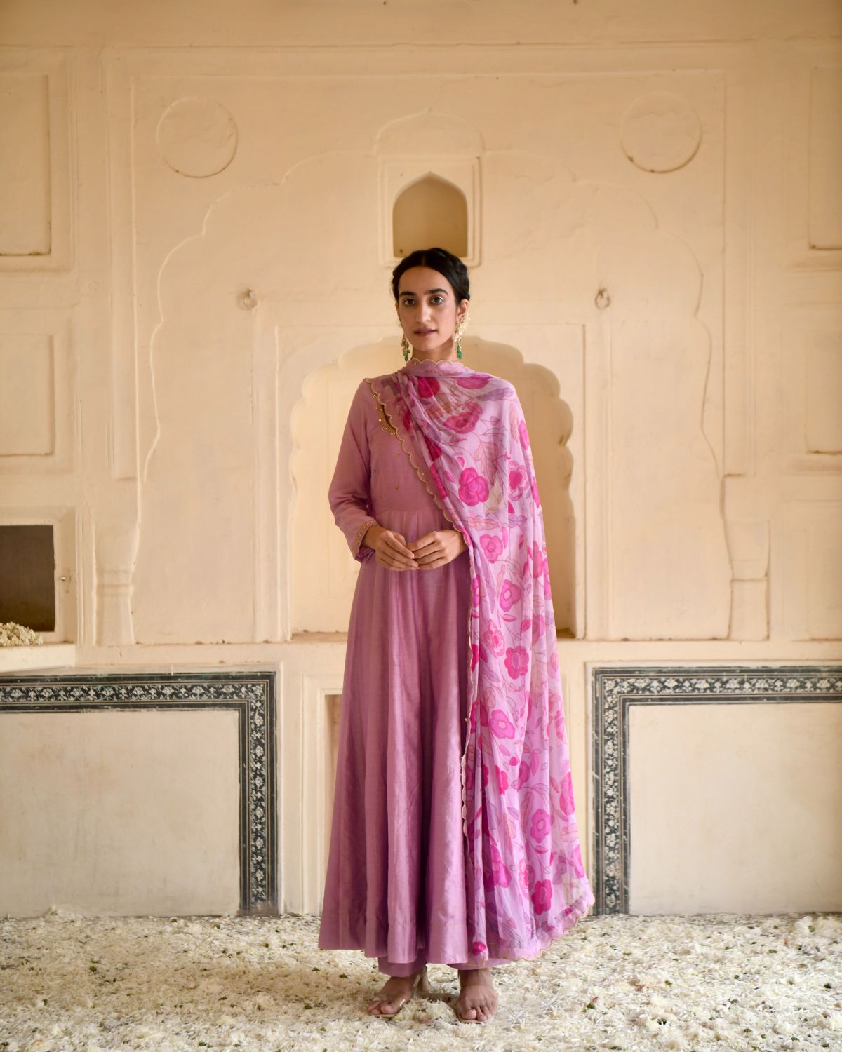 Pink Kurta Set With Dupatta by Taro with Beads work, Best Selling, Chanderi Silk, Chiffon, Digital Print, Enchanted Garden by Taro, Evening Wear, Festive Wear, Fitted At Waist, Indian Wear, July Sale, July Sale 2023, Kurta Pant Sets, Kurta Set With Dupatta, Natural, Natural with azo free dyes, Pink, Sequin Work, Womenswear at Kamakhyaa for sustainable fashion