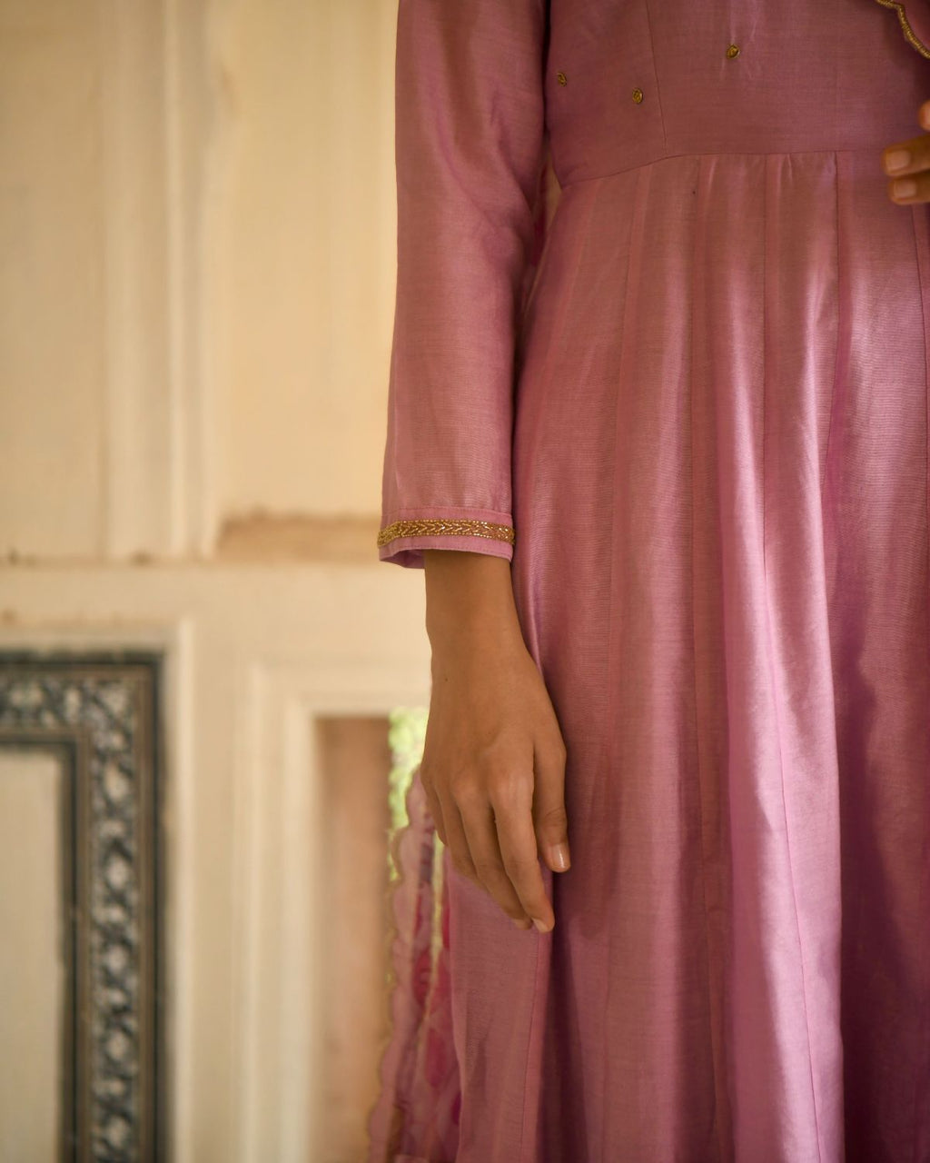 Pink Kurta Set With Dupatta by Taro with Beads work, Best Selling, Chanderi Silk, Chiffon, Digital Print, Enchanted Garden by Taro, Evening Wear, Festive Wear, Fitted At Waist, Indian Wear, July Sale, July Sale 2023, Kurta Pant Sets, Kurta Set With Dupatta, Natural, Natural with azo free dyes, Pink, Sequin Work, Womenswear at Kamakhyaa for sustainable fashion