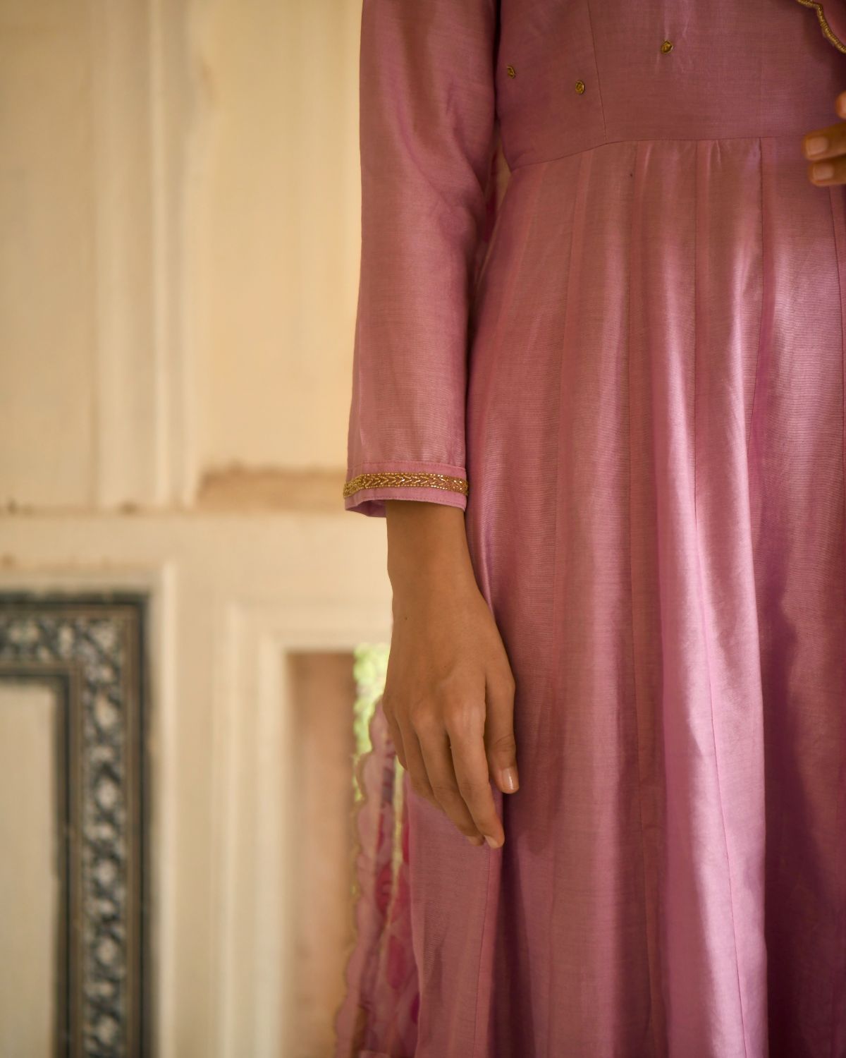 Pink Kurta Set With Dupatta by Taro with Beads work, Best Selling, Chanderi Silk, Chiffon, Digital Print, Enchanted Garden by Taro, Evening Wear, Festive Wear, Fitted At Waist, Indian Wear, July Sale, July Sale 2023, Kurta Pant Sets, Kurta Set With Dupatta, Natural, Natural with azo free dyes, Pink, Sequin Work, Womenswear at Kamakhyaa for sustainable fashion