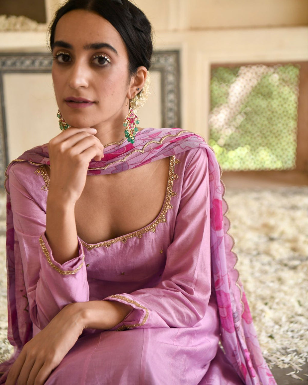 Pink Kurta Set With Dupatta by Taro with Beads work, Best Selling, Chanderi Silk, Chiffon, Digital Print, Enchanted Garden by Taro, Evening Wear, Festive Wear, Fitted At Waist, Indian Wear, July Sale, July Sale 2023, Kurta Pant Sets, Kurta Set With Dupatta, Natural, Natural with azo free dyes, Pink, Sequin Work, Womenswear at Kamakhyaa for sustainable fashion