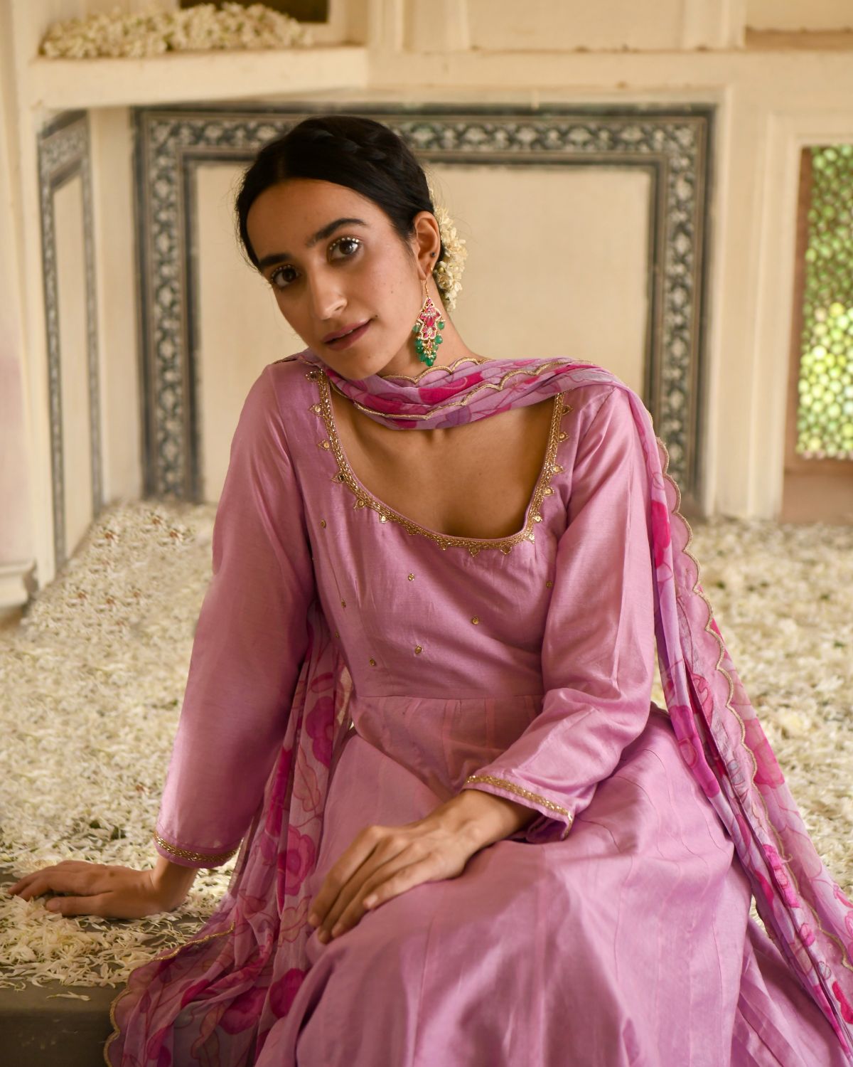 Pink Kurta Set With Dupatta by Taro with Beads work, Best Selling, Chanderi Silk, Chiffon, Digital Print, Enchanted Garden by Taro, Evening Wear, Festive Wear, Fitted At Waist, Indian Wear, July Sale, July Sale 2023, Kurta Pant Sets, Kurta Set With Dupatta, Natural, Natural with azo free dyes, Pink, Sequin Work, Womenswear at Kamakhyaa for sustainable fashion