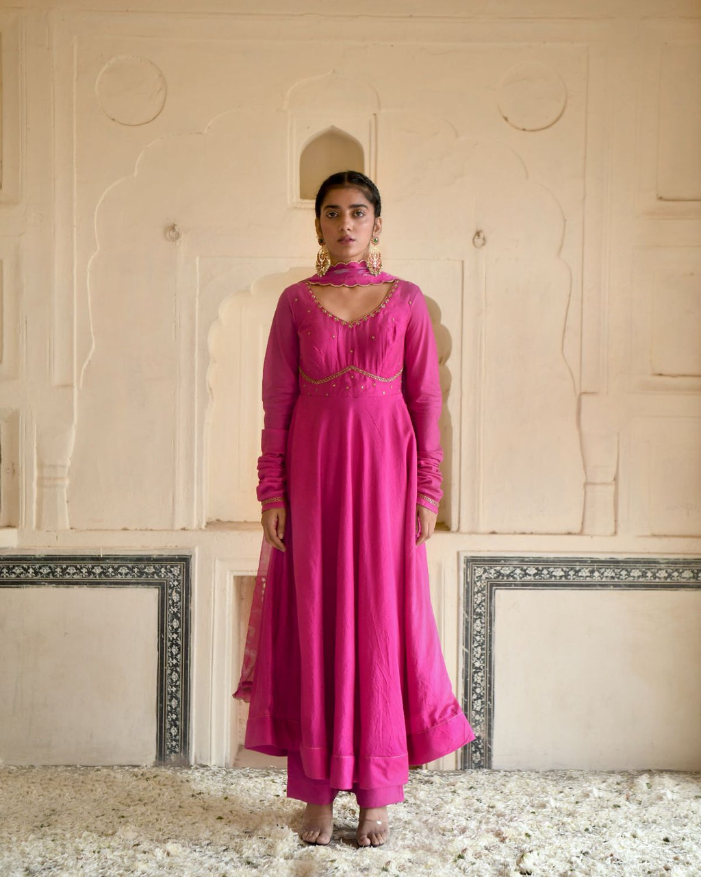 Pink Kurta Set With Chiffon Dupatta by Taro with Beads work, Best Selling, Chanderi Silk, Chiffon, Digital Print, Enchanted Garden by Taro, Evening Wear, Festive Wear, Fitted At Waist, Indian Wear, July Sale, July Sale 2023, Kurta Pant Sets, Kurta Set With Dupatta, Natural, Natural with azo free dyes, Pink, Sequin Work, Womenswear at Kamakhyaa for sustainable fashion